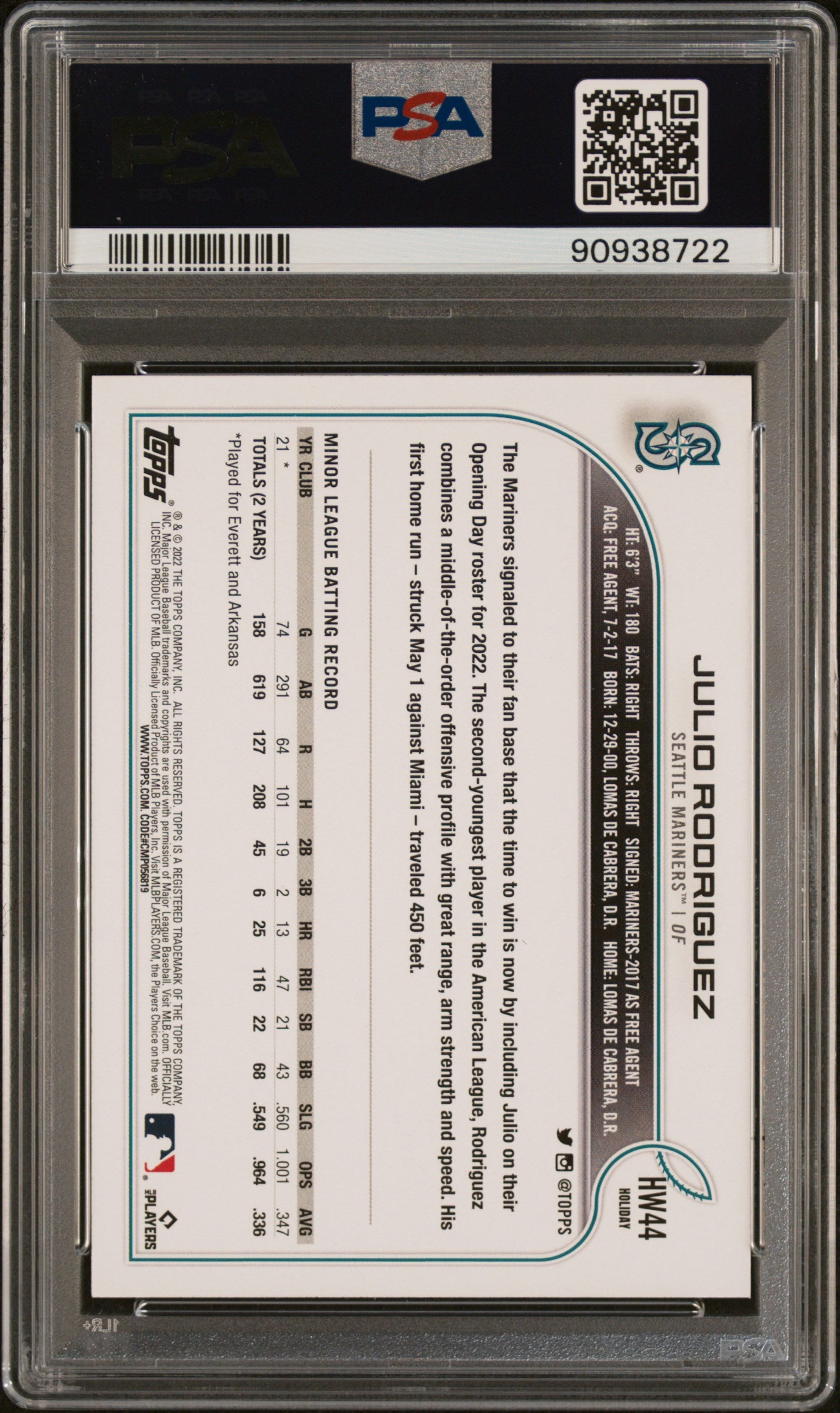 2022 Topps Holiday Julio Rodriguez #HW44 SP PSA 10