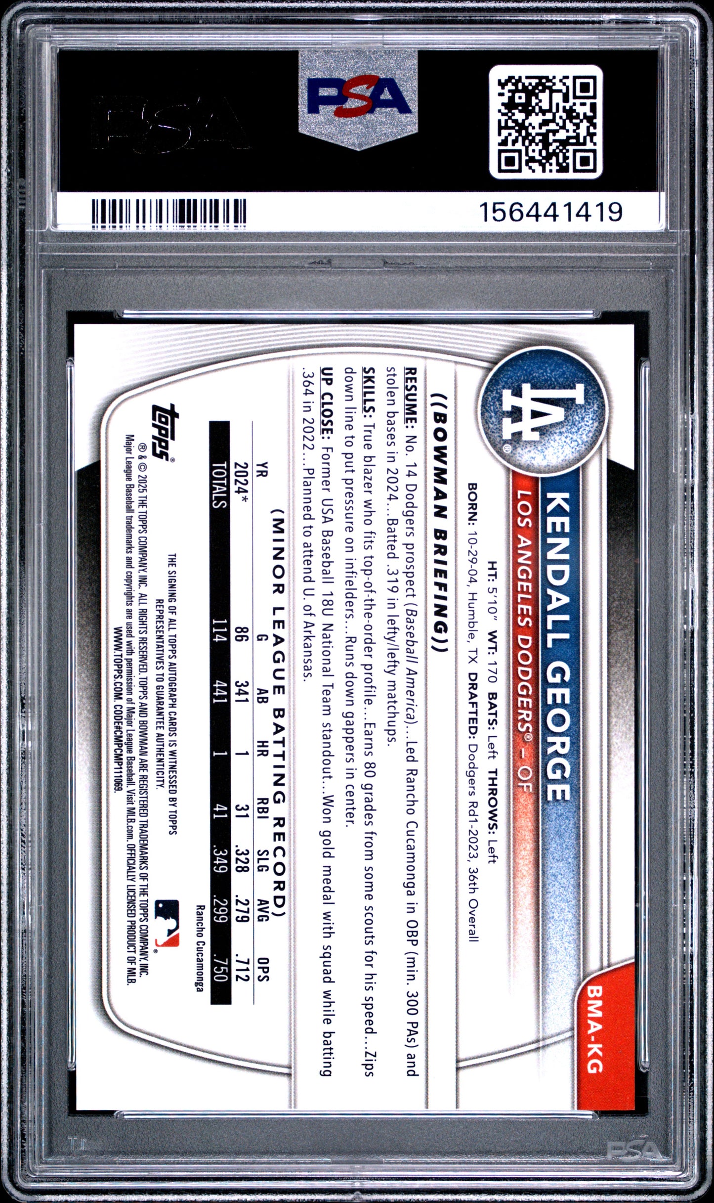 2025 Bowman Chrome Mega Box Chrome Prospects Autographs Kendall George #KG PSA 9