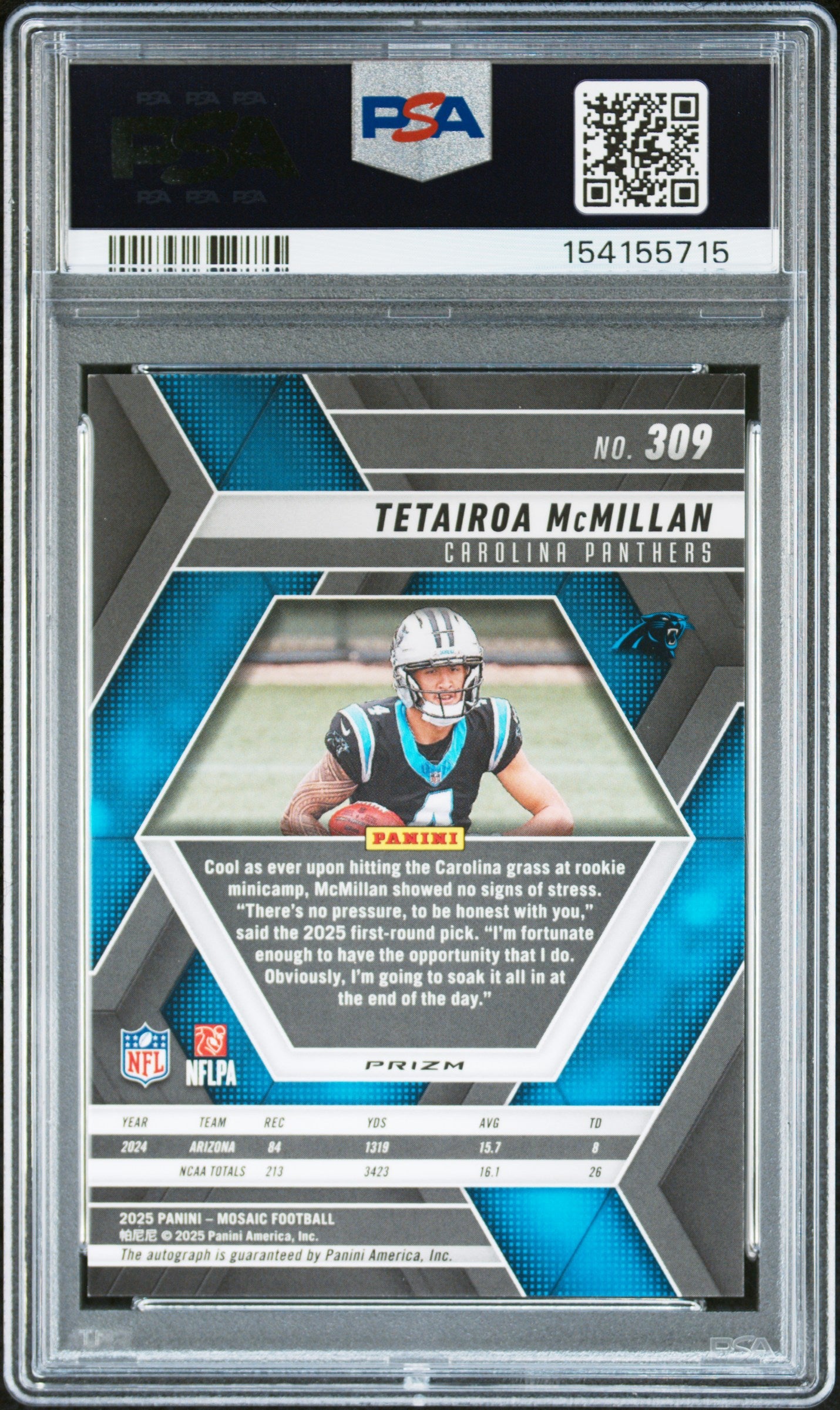 2025 Panini Mosaic Tetairoa Mcmillan #309 Autograph PSA 8