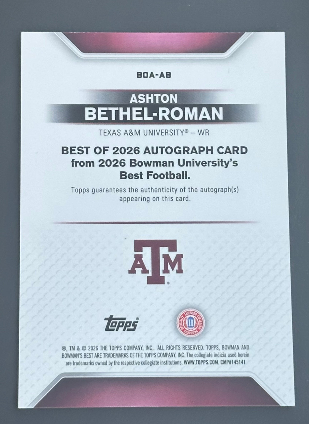 2026 Bowman U Best Ashton Bethel-Roman Auto /10 Black Refractor