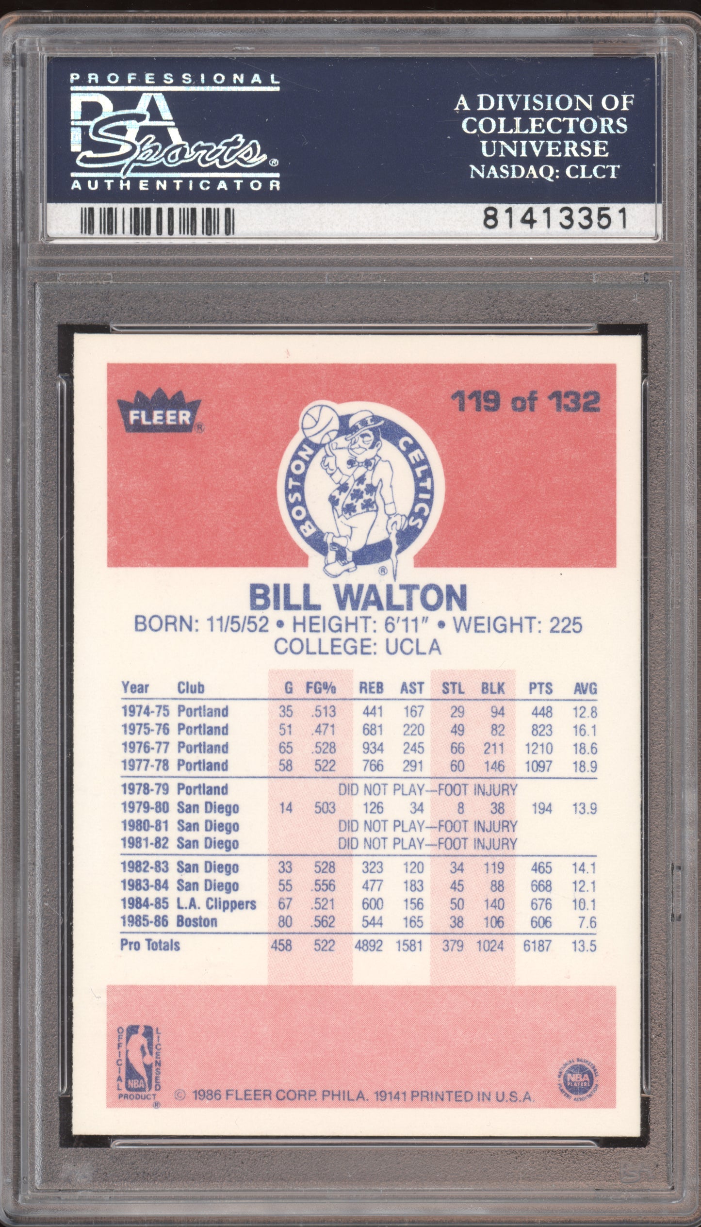 1986 Fleer Basketball Bill Walton #119 PSA 10