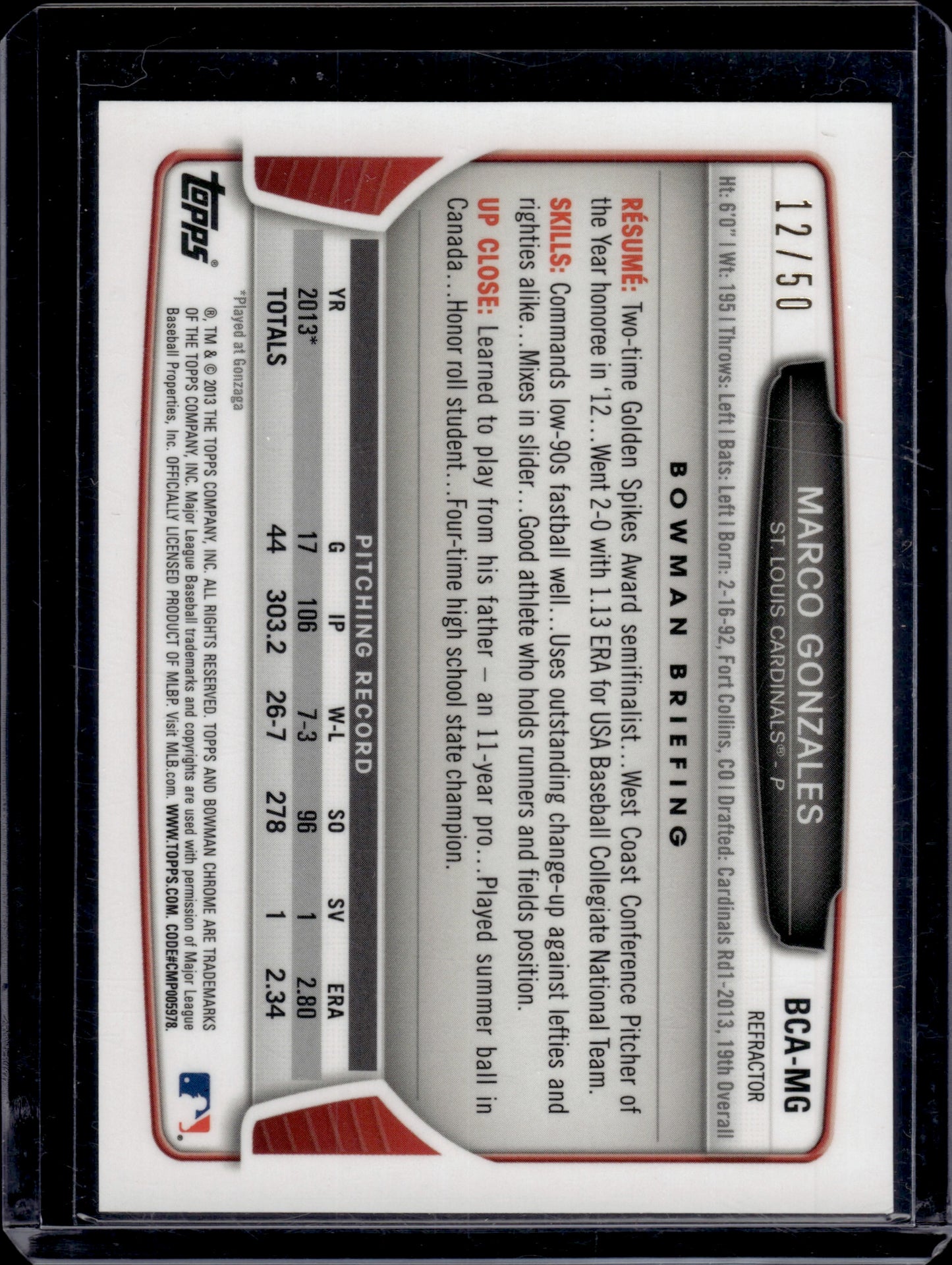 2014 Bowman Chrome Marco Gonzales #BCA-MG 12/50