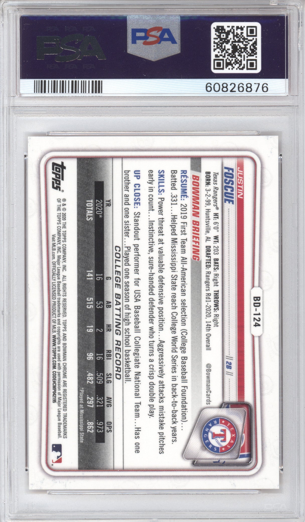 2020 Bowman Draft Justin Foscue #BD124 Chrome Orange Refractor 05/25 PSA 9