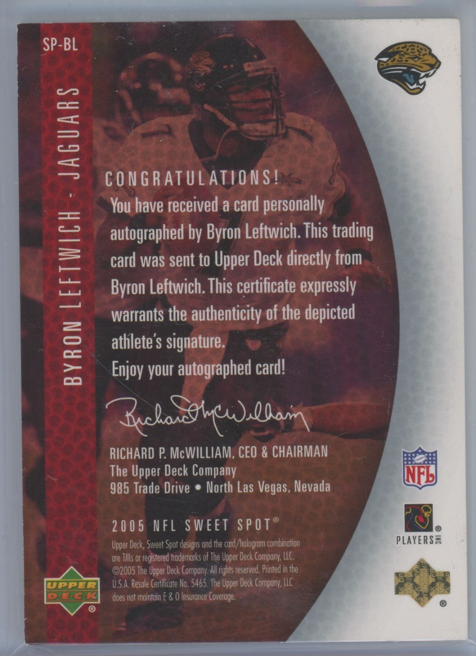 2005 Upper Deck Sweet Spot Byron Leftwich #SP-BL Sweet Panel Sigs 41/50