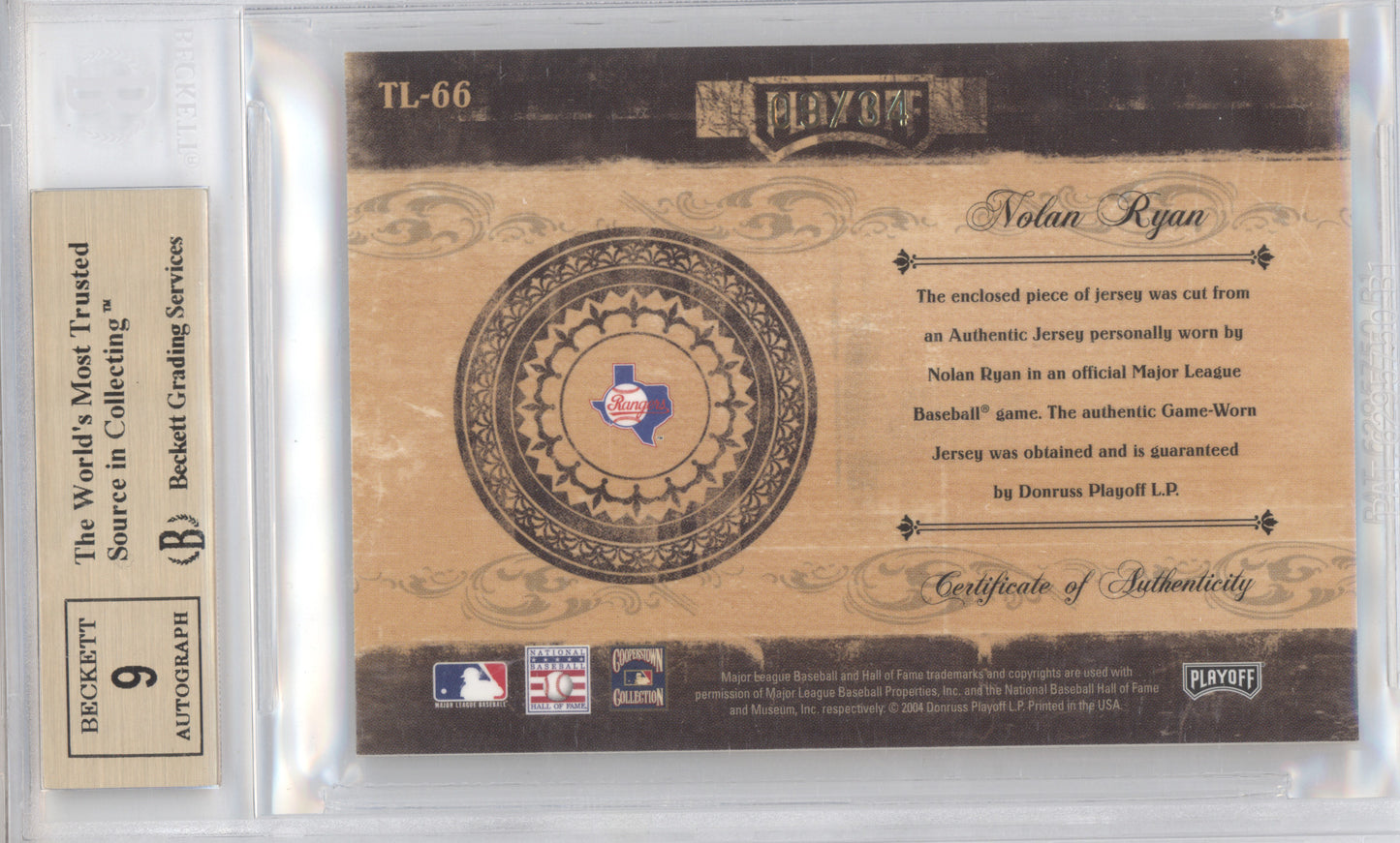 2004 Prime Cuts II Timeline Signature Material Nolan Ryan 09/34 BGS 9.5 Auto 9