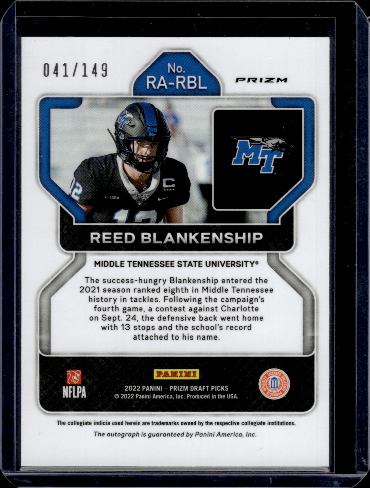 2022 Panini Prizm Draft Picks Reed Blankenship #RA-RBL Blue 041/149