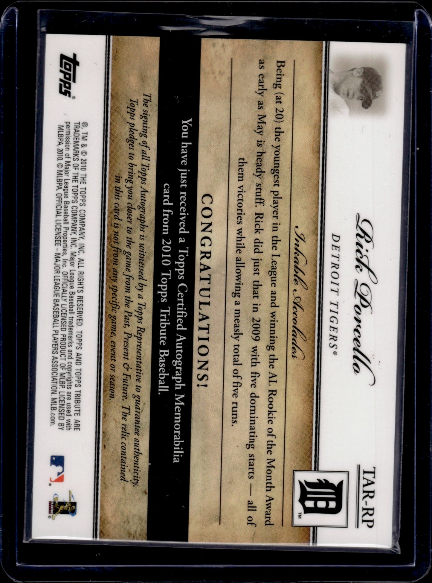 2010 Topps Tribute Rick Porcello #TAR-RP 49/50 Autograph Memorabilia