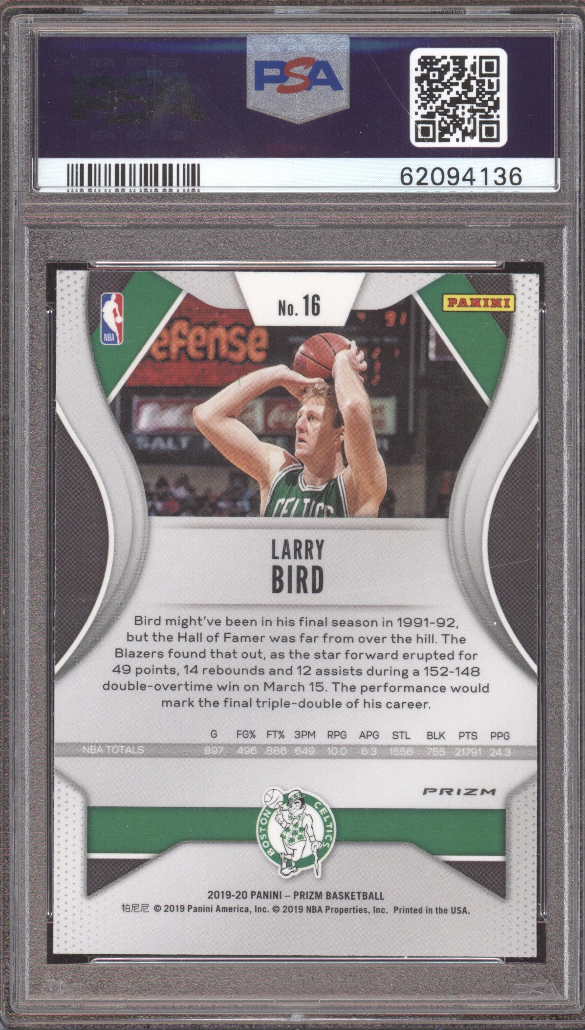 2019 Panini Prizm Larry Bird #16 Fast Break PSA 10