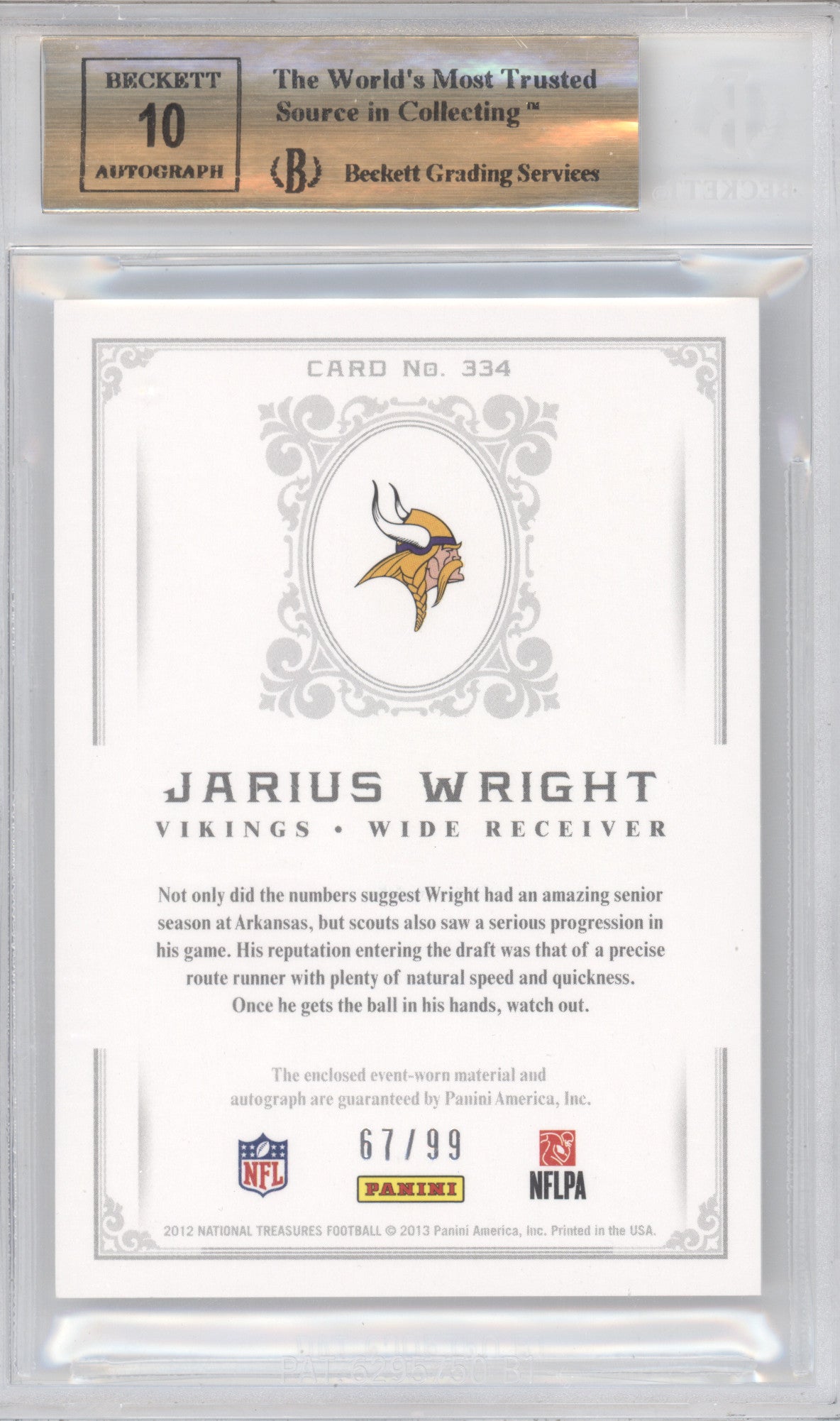 2012 Panini National Treasures Jarius Wright #334 67/99 Rookie BGS 9.5 Auto 10