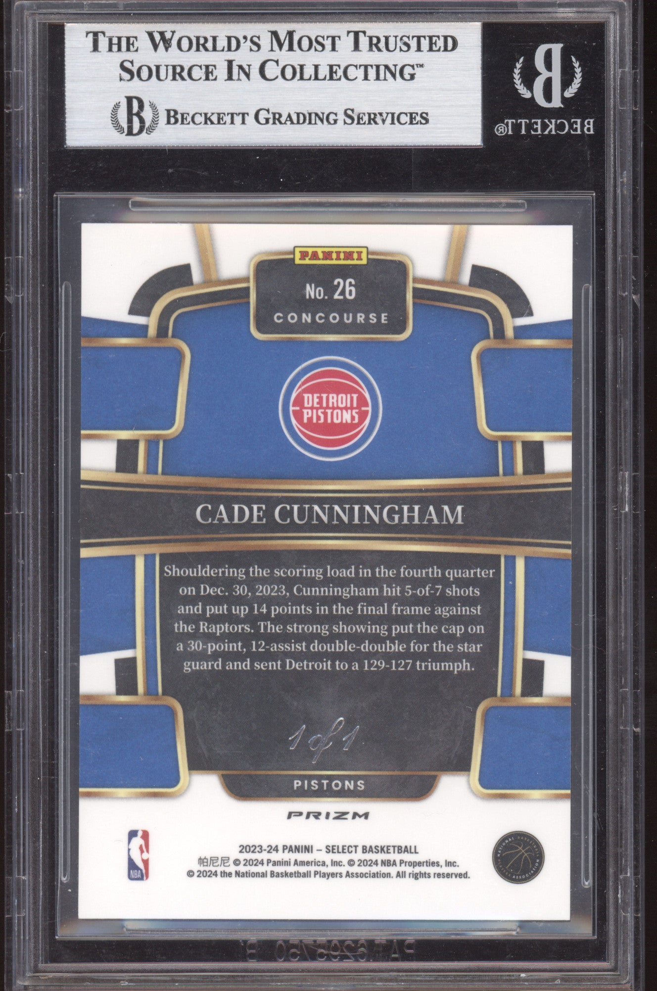 2023 Panini Select Cade Cunningham #26 Black Disco Prizm 1 of 1 BGS 8