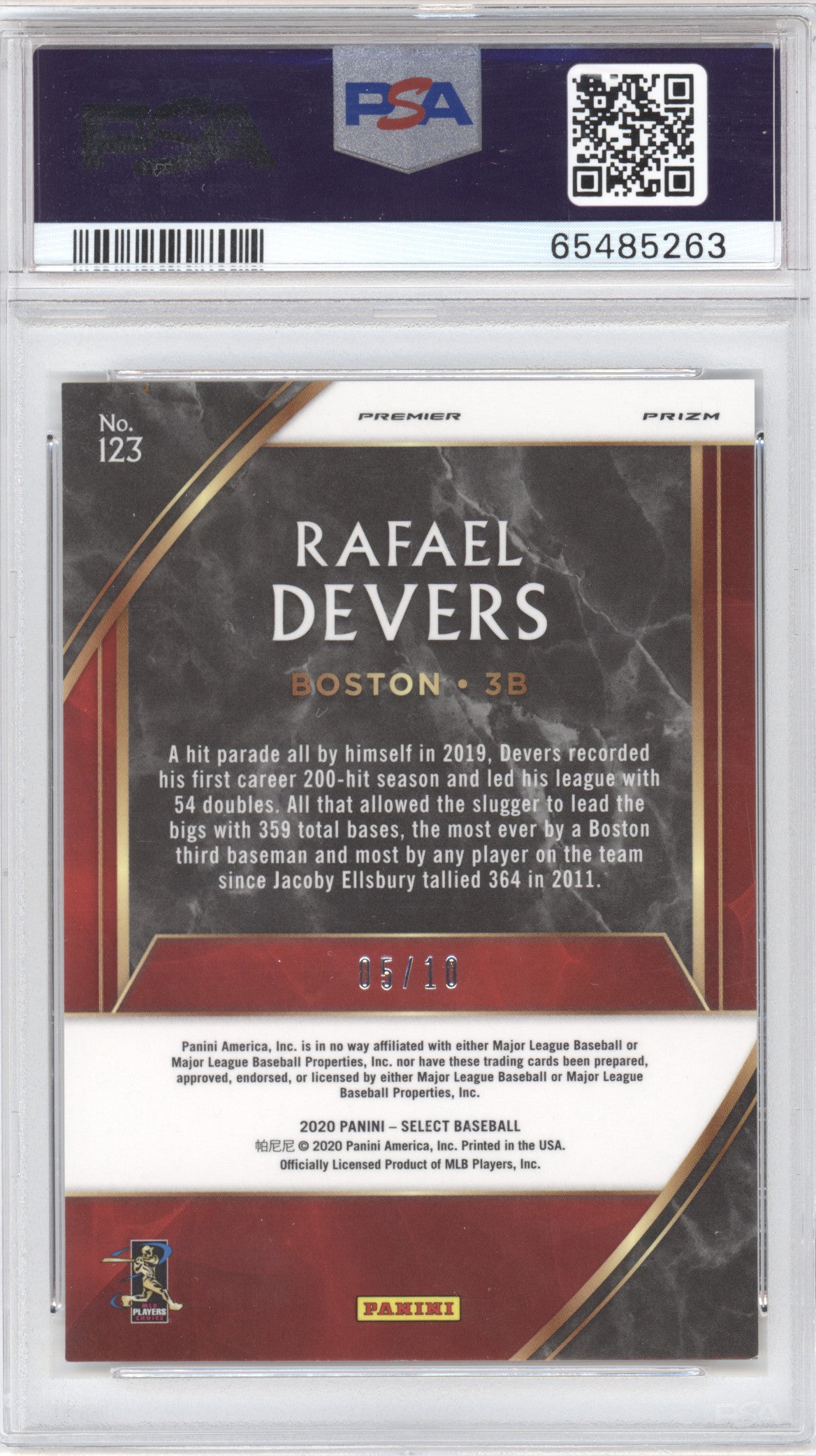 2020 Panini Select Rafael Devers #123 Gold Prizm 05/10 PSA 8