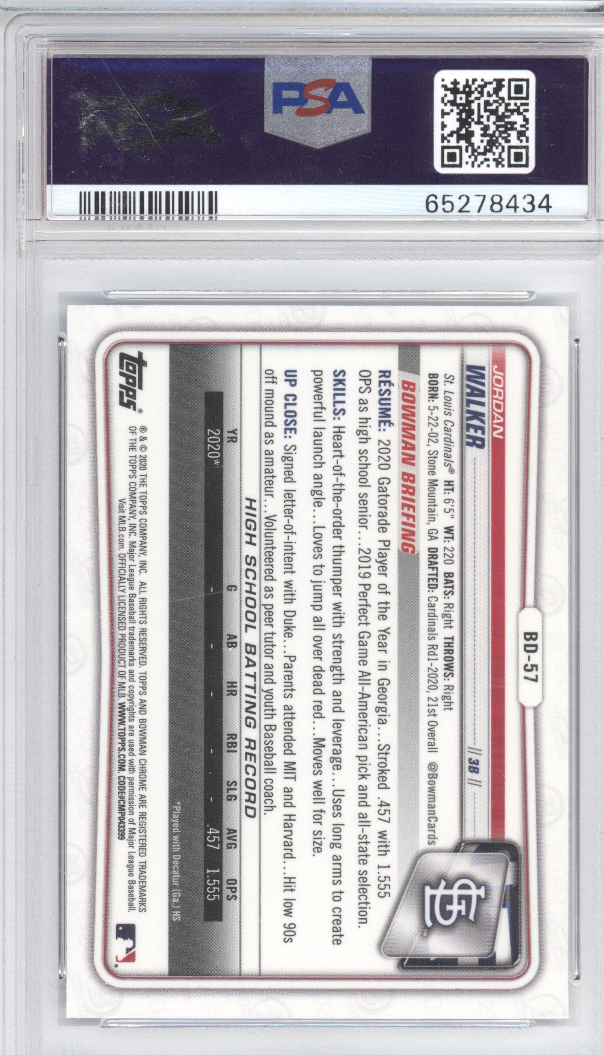 2020 Bowman Draft Chrome Sapphire Edition Jordan Walker #BD57 PSA 10