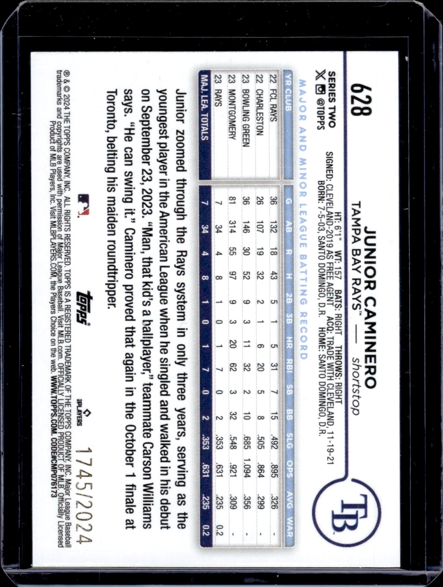 2024 Topps Chrome Junior Caminero #628 Gold /2024 RC