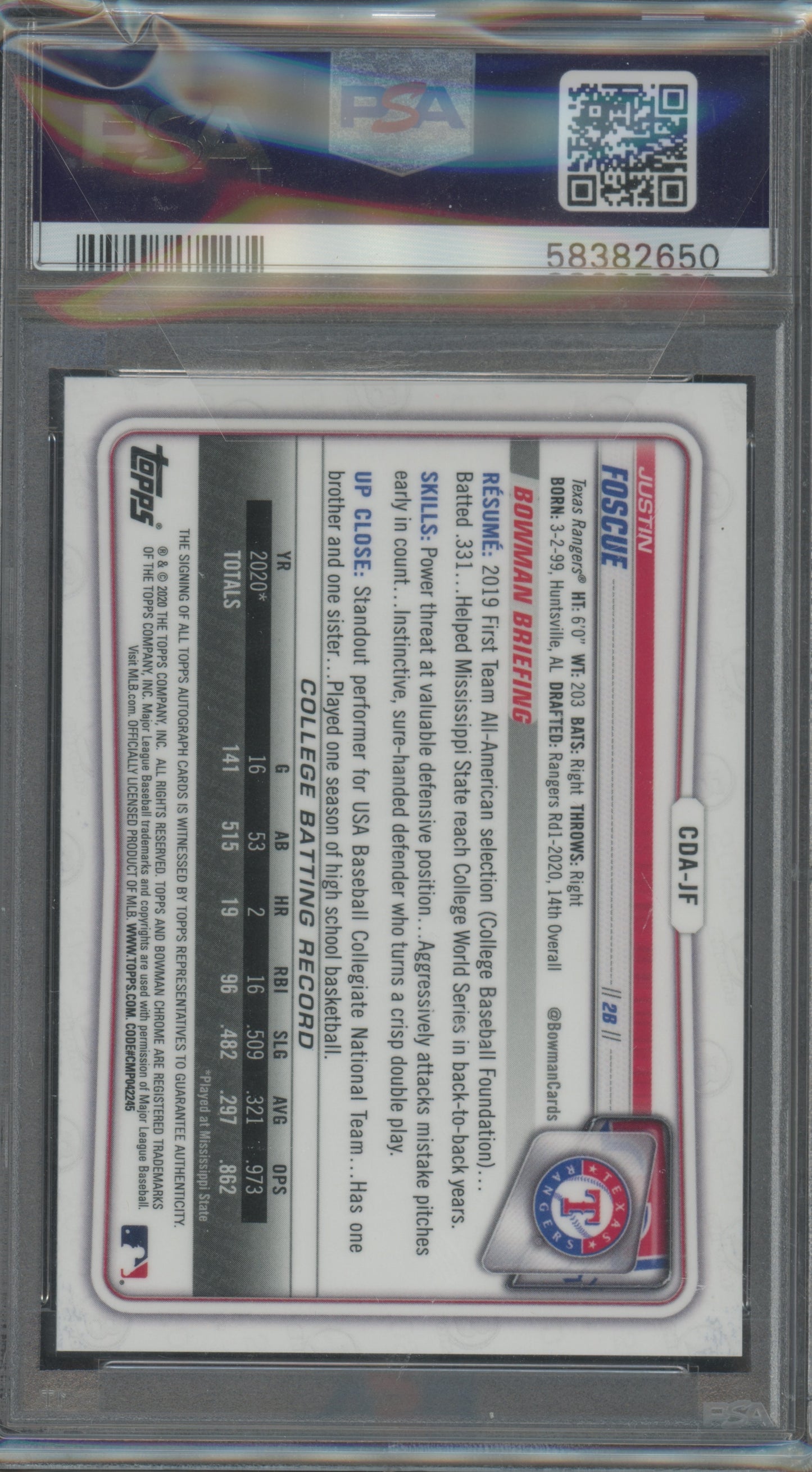 2020 Bowman Chrome Draft Pick Autos Justin Foscue #CDAJF Blue Wave PSA 9