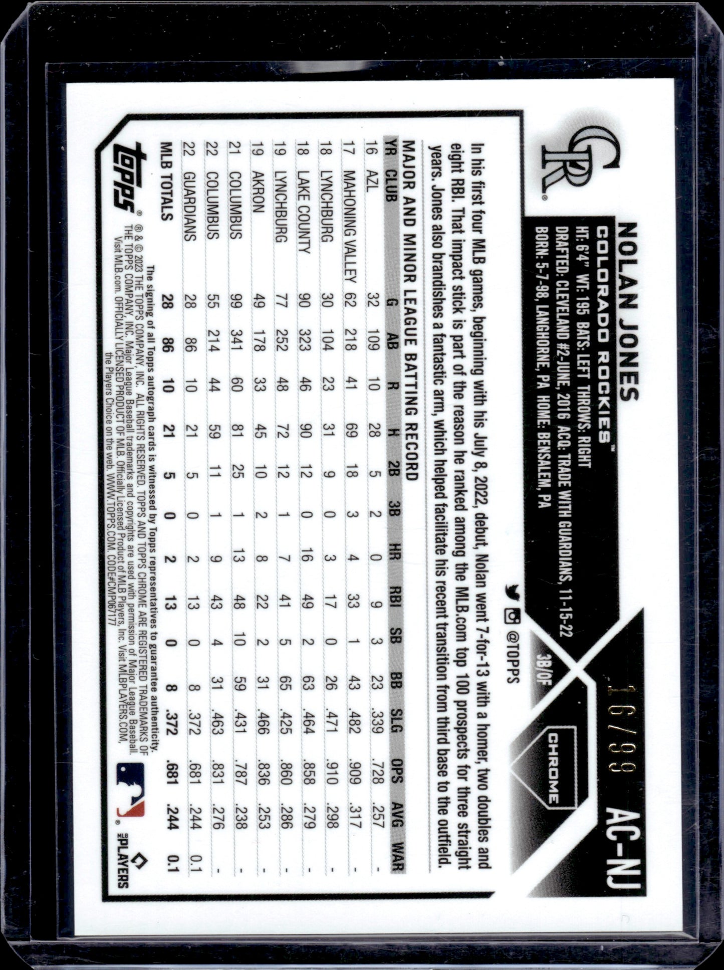 2023 Topps Chrome Nolan Jones #38/OF Green 16/99 RC