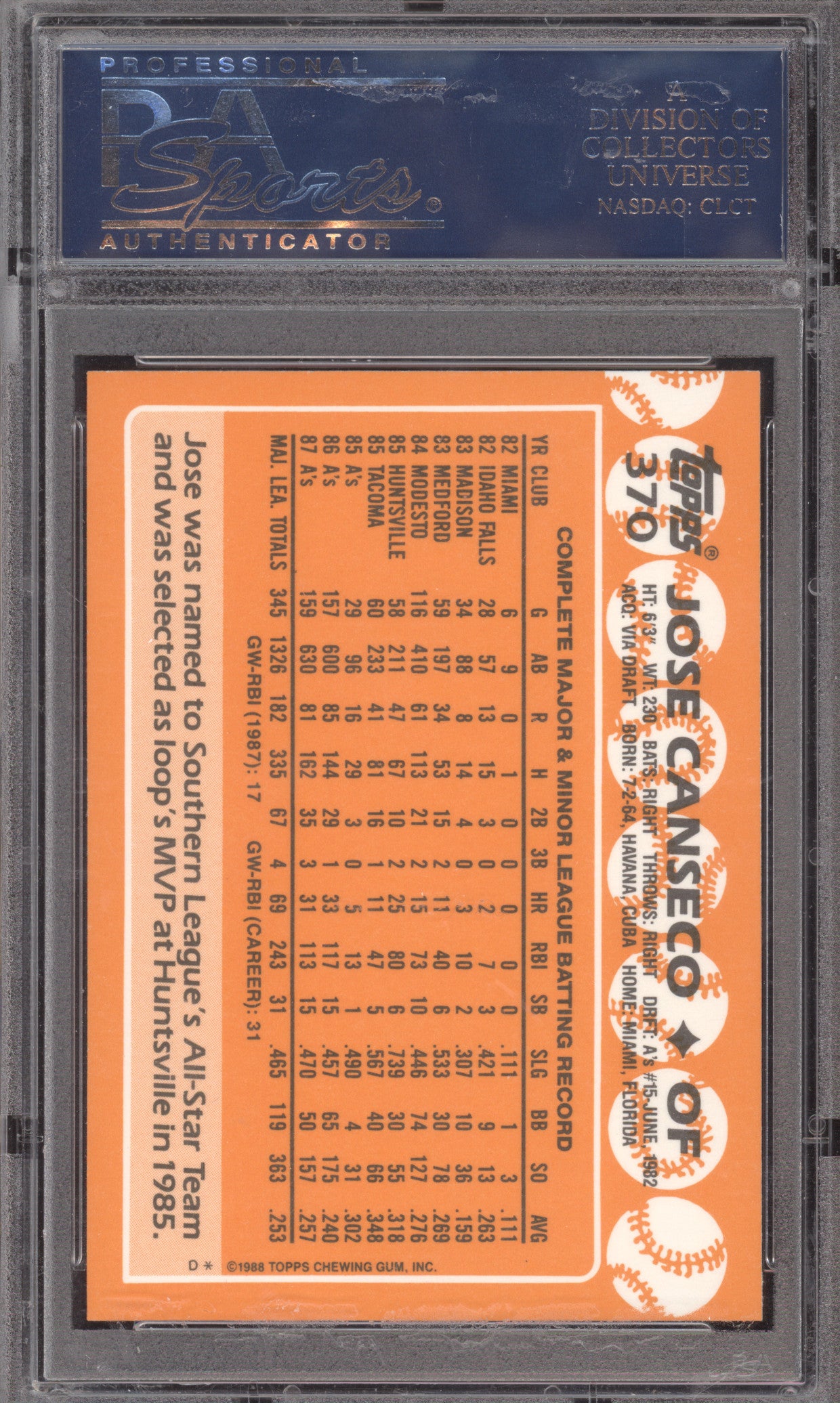 1988 Topps Tiffany Jose Canseco #370 PSA 10