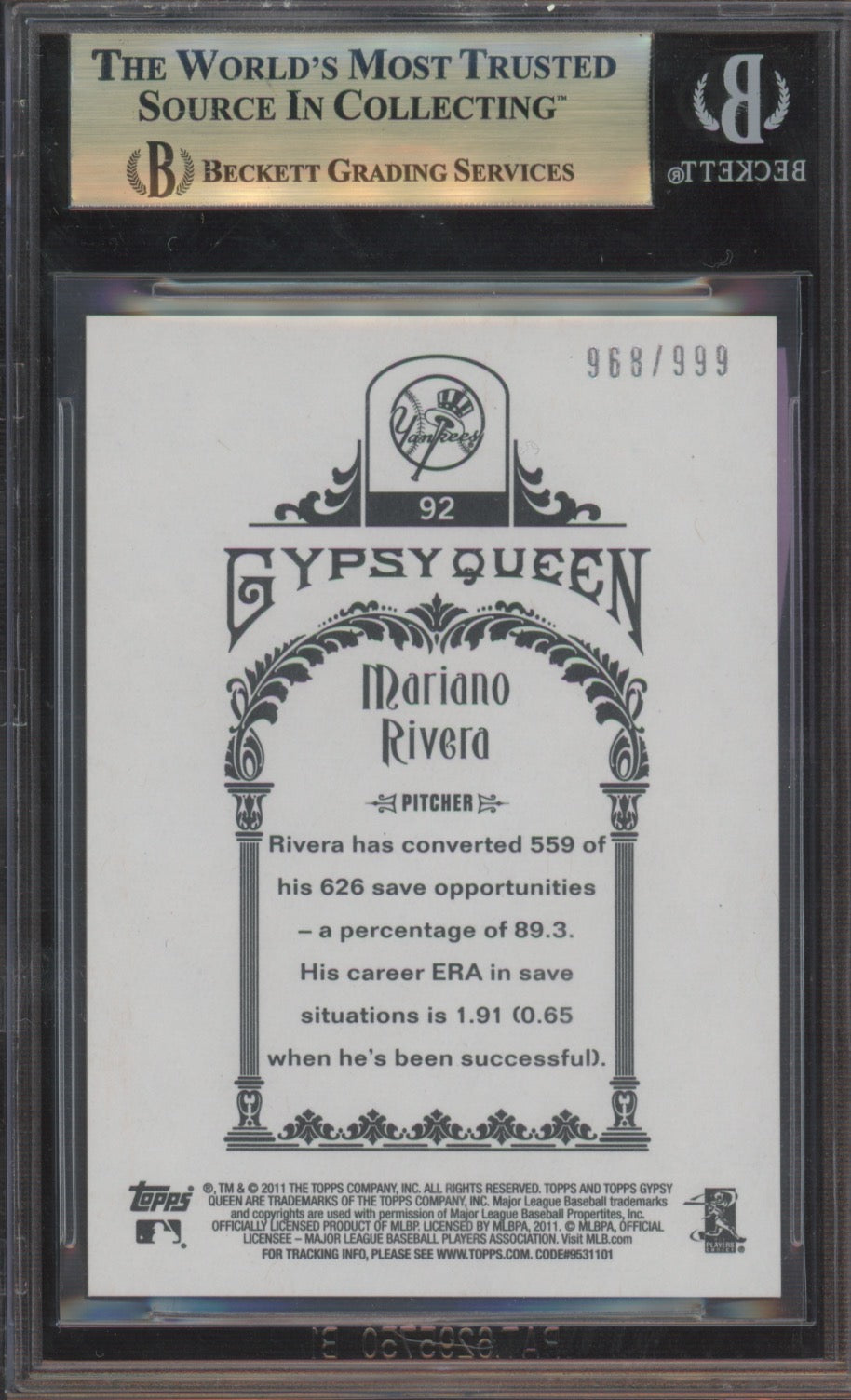 2011 Topps Gypsy Queen Mariano Rivera #92 Framed Paper BGS 9.5