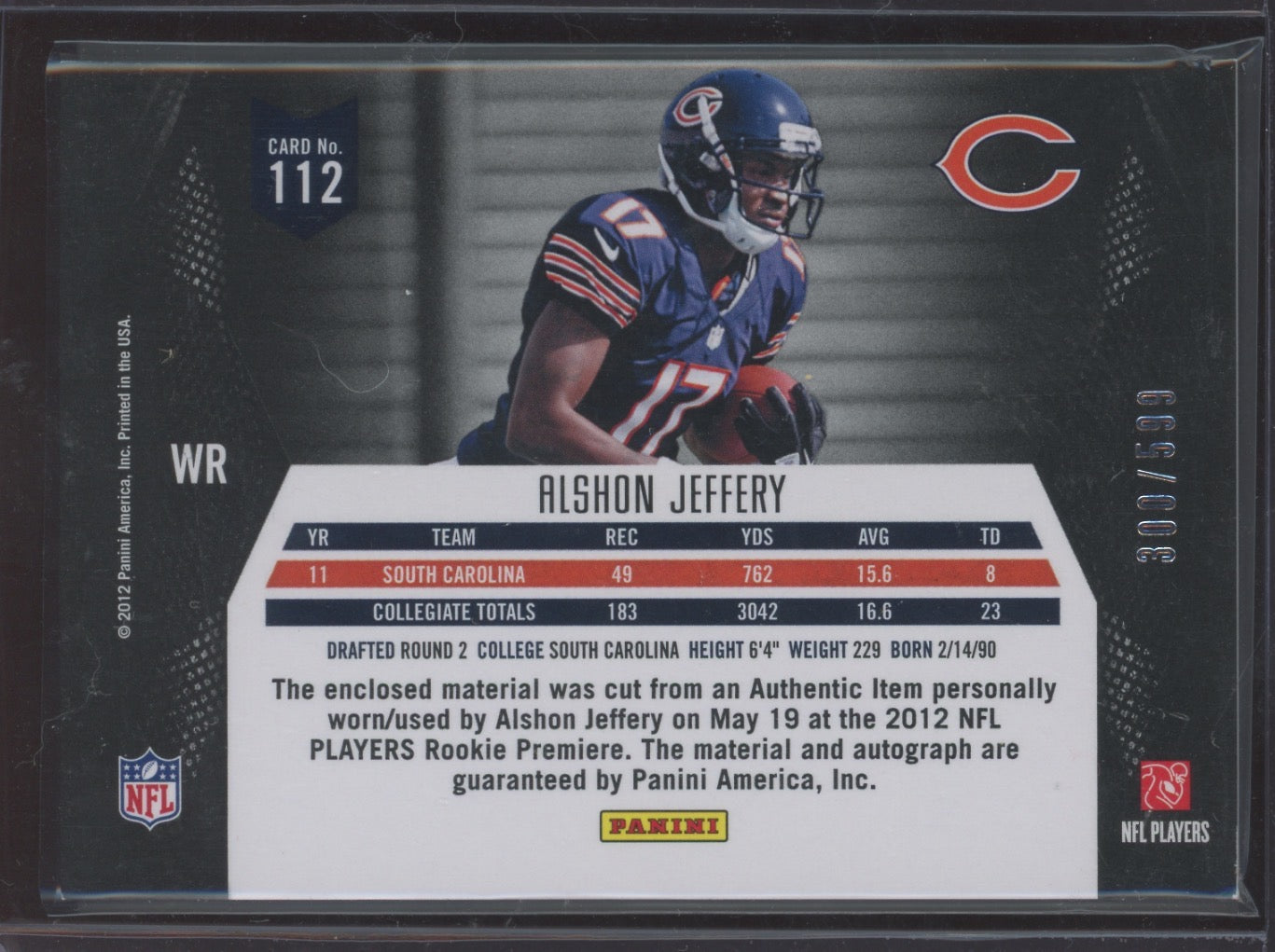 2012 Panini Momentum Alshon Jeffery #112 Rookie Jersey Patch
