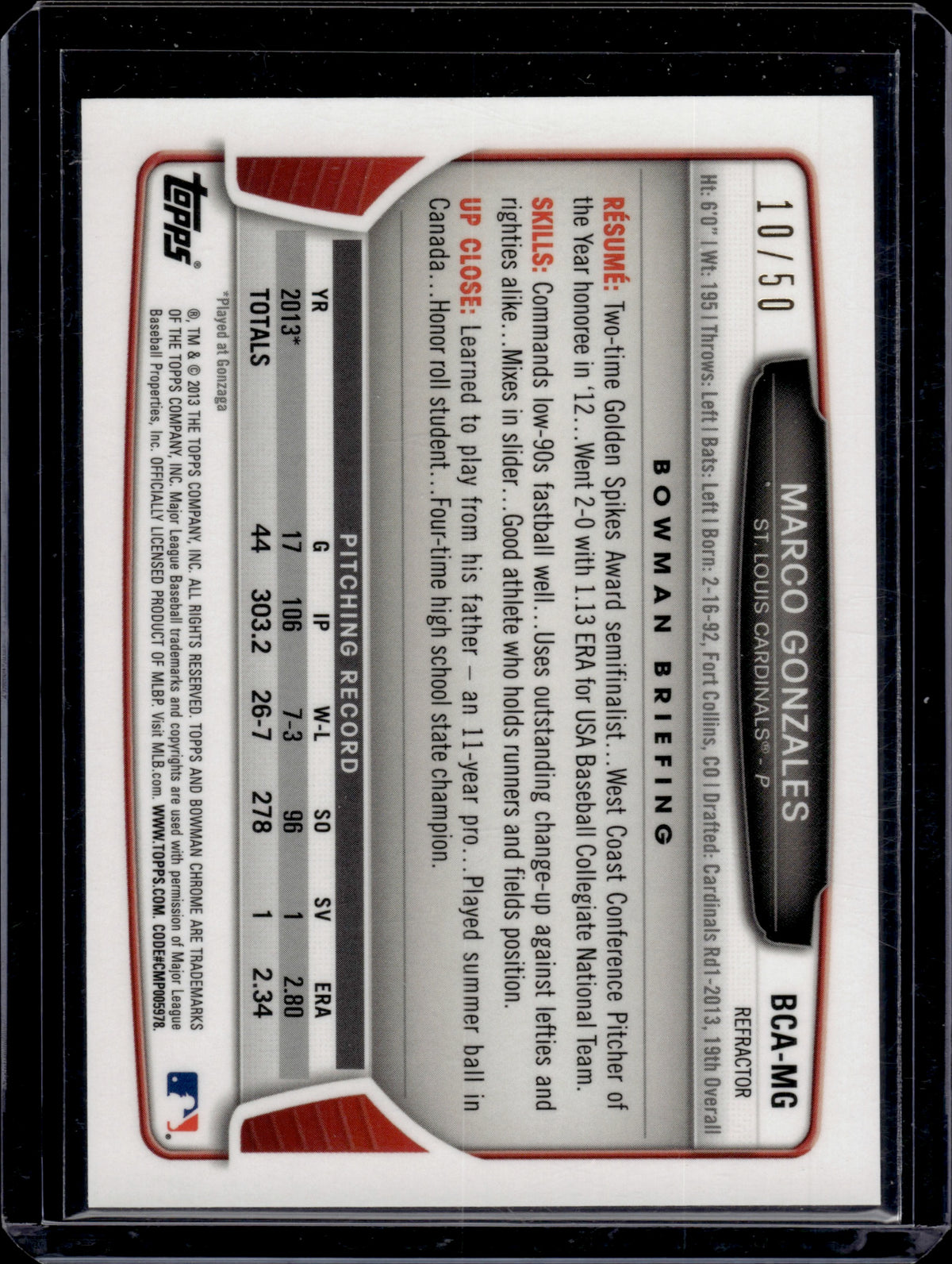 2014 Bowman Chrome Marco Gonzales #BCA-MG 10/50