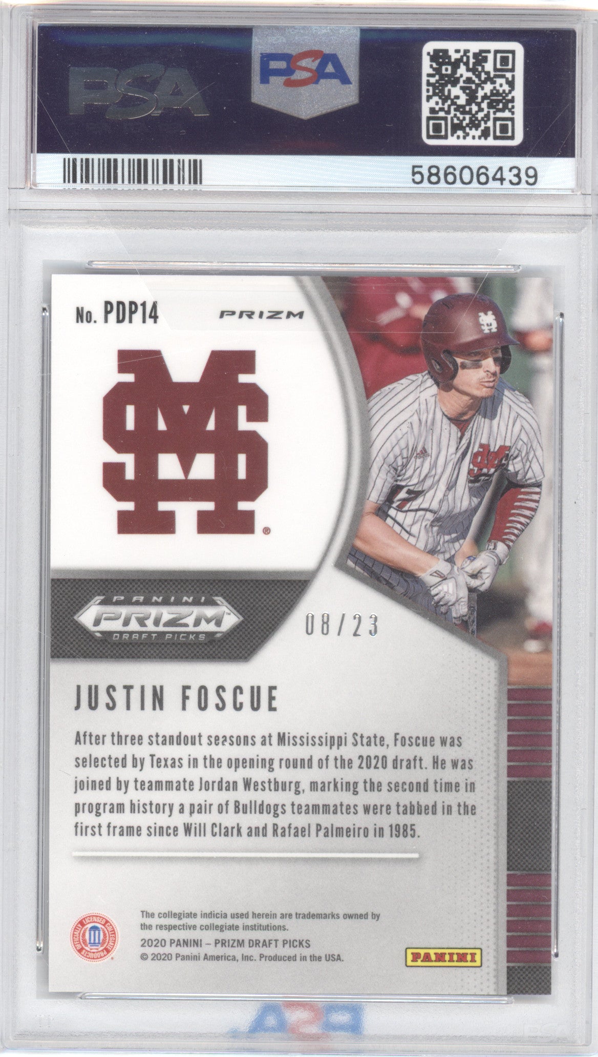 2020 Panini Prizm Draft Picks Justin Foscue Burgundy Cracked Ice 08/23 PSA 10