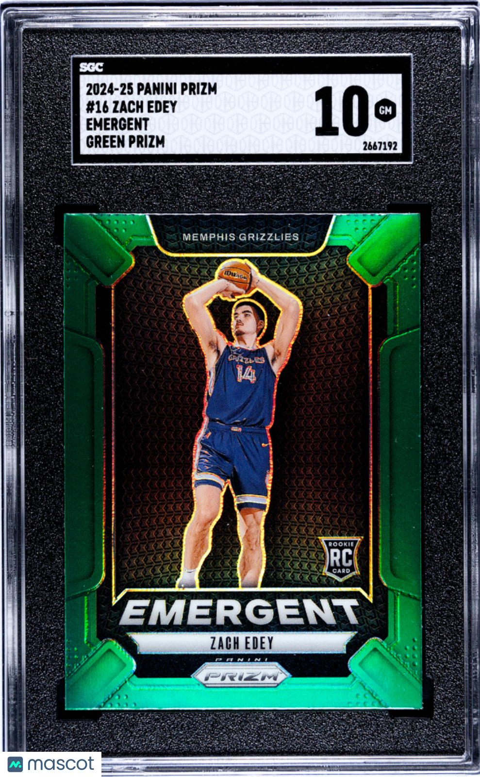 2024 Panini Prizm Zach Edey #16 Emergent Green SGC 10
