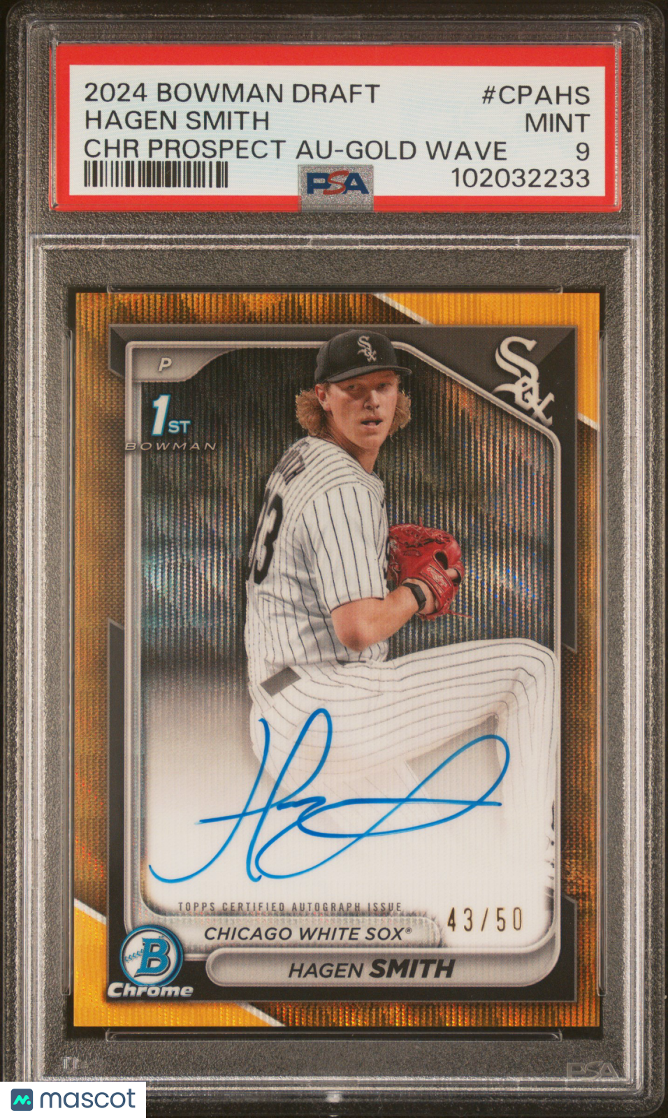 2024 Bowman Draft Chrome Prospect Auto Hagen Smith #CPAHS Gold Wave 43/50 PSA 9