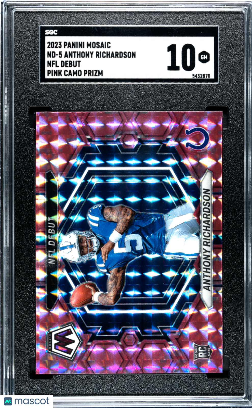 2023 Panini Mosaic Anthony Richardson #ND-5 NFL Debut Pink Camo Prizm SGC 10