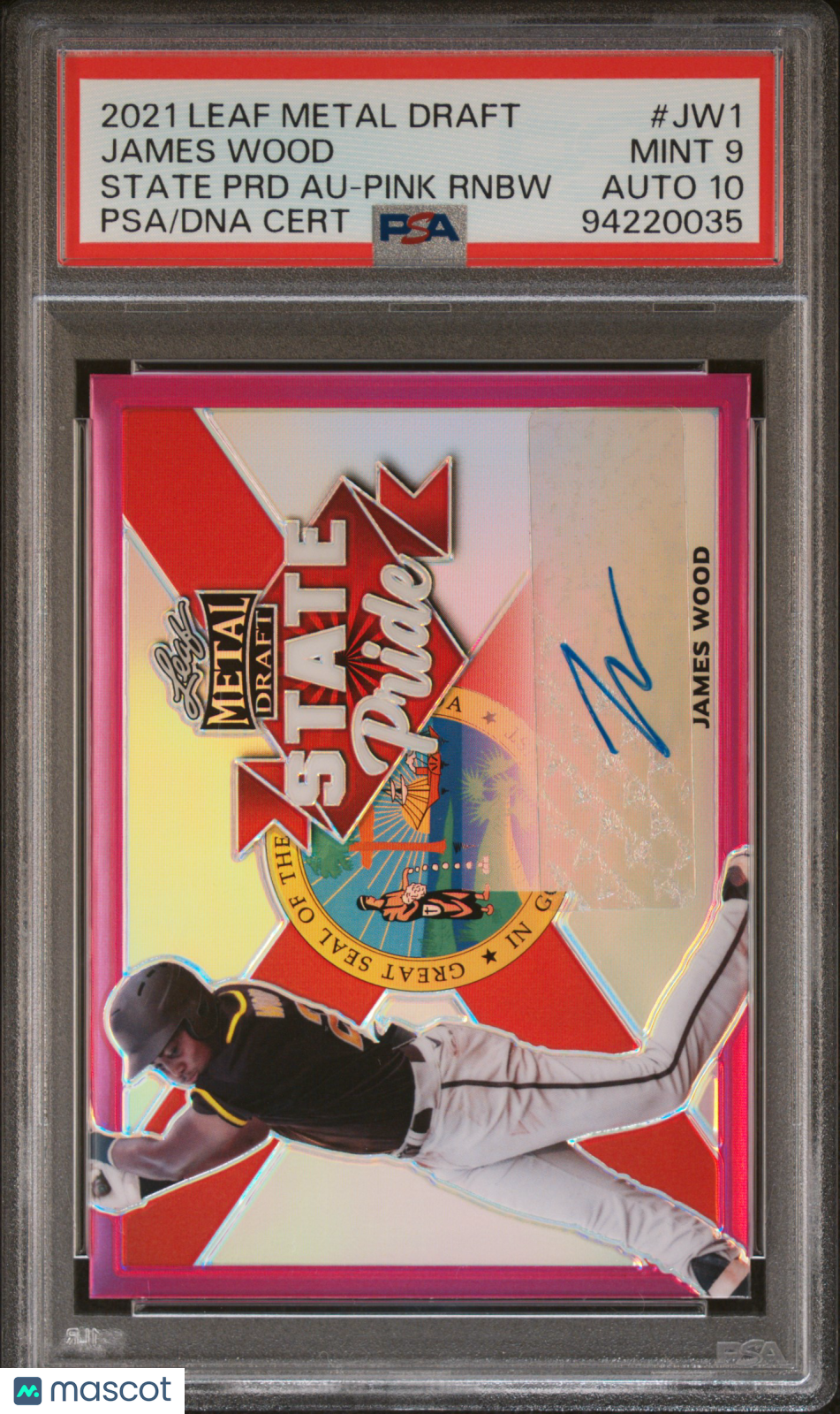 2021 Leaf Metal Draft State Pride Autos James Wood #JW1 Pink Rnbw PSA 9 Auto 10