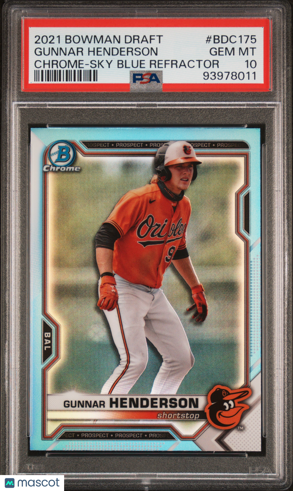 2021 Bowman Draft Gunnar Henderson #BDC175 Chrome Sky Blue Refractor PSA 10