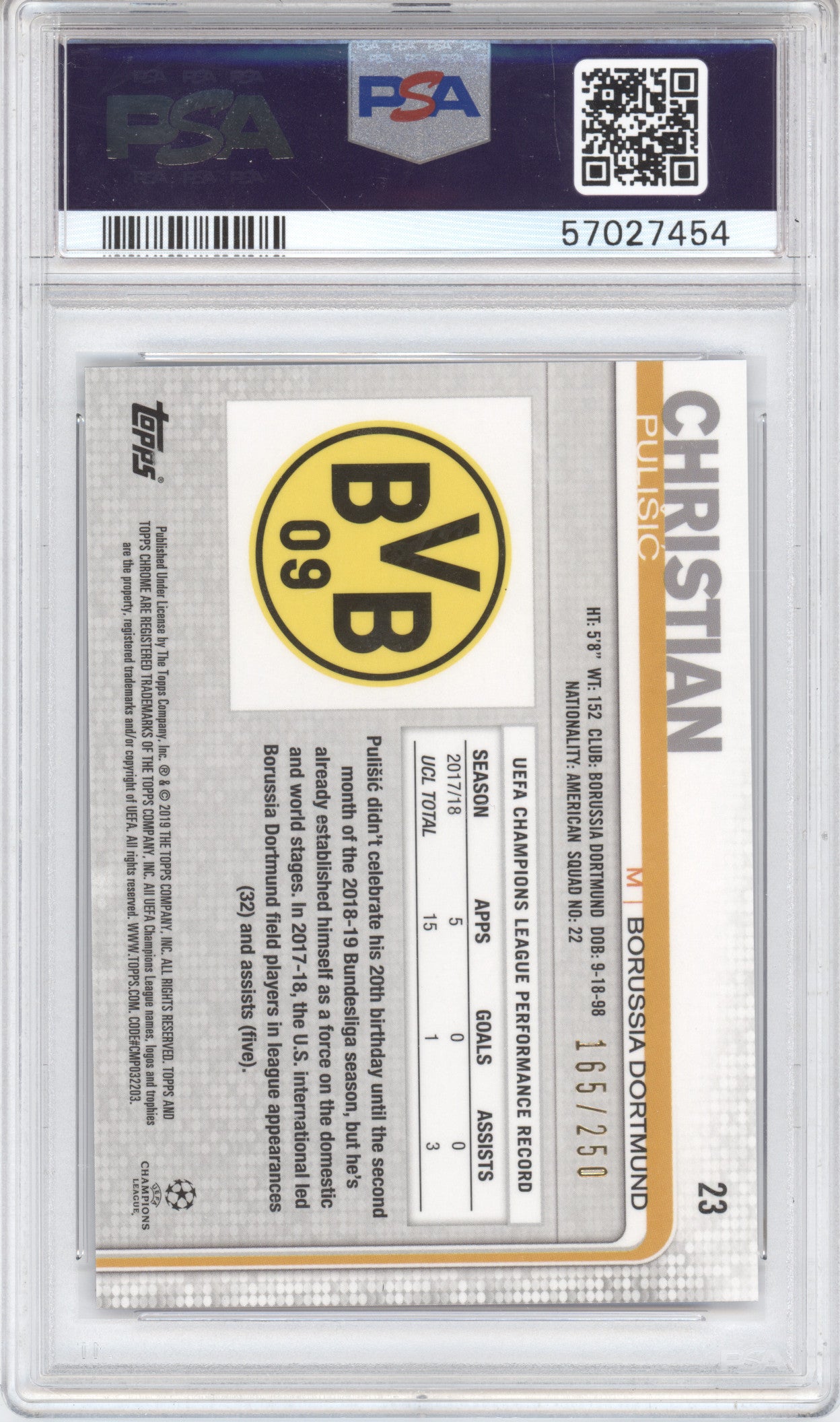 2018 Topps Chrome UCL Christian Pulisic #23 Yellow Shorts Purple 165/250 PSA 9