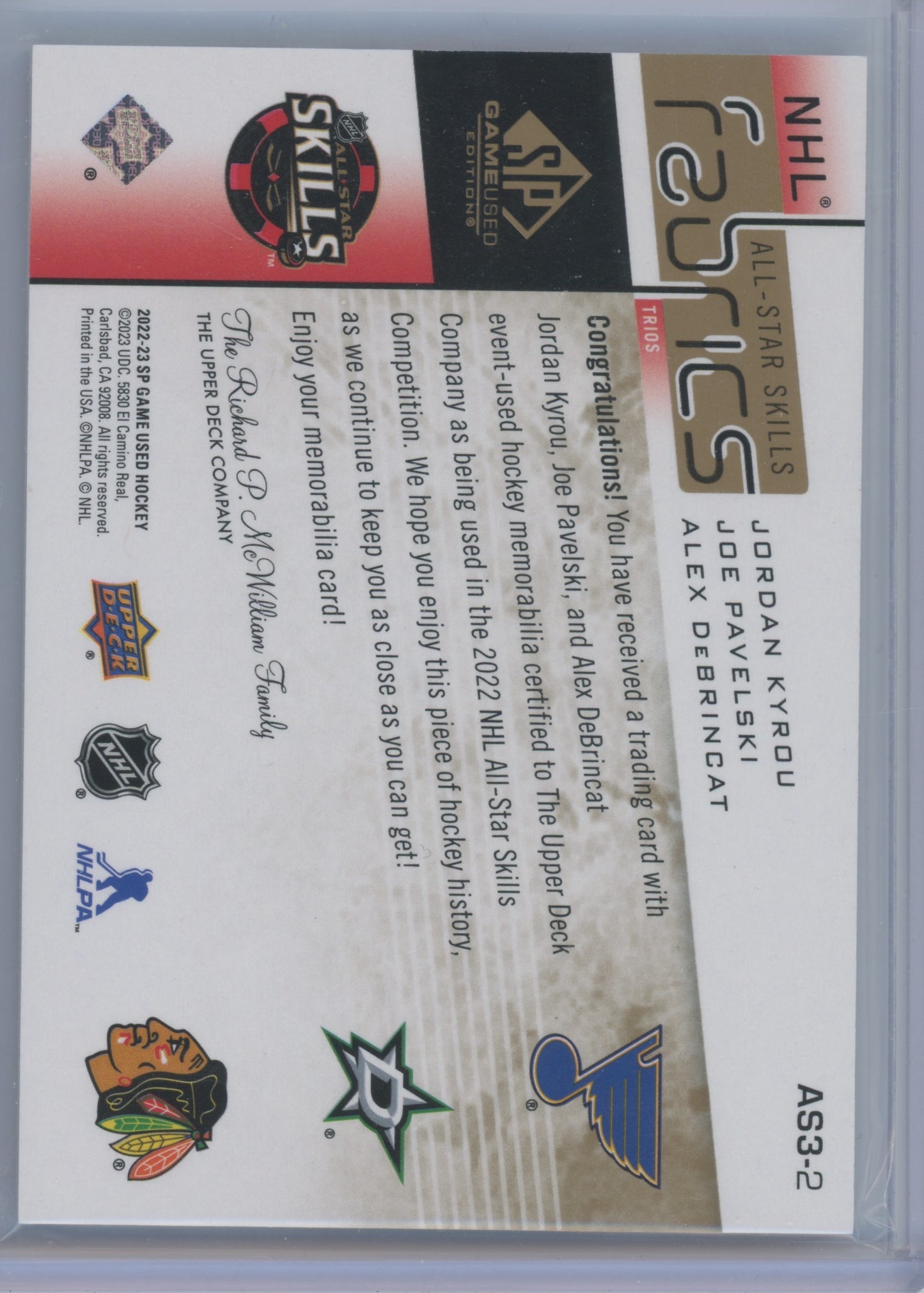 2022 Upper Deck SP Game Used Fabrics Kyrou/DeBrincat/Pavelski #AS3-2 Patch 16/25