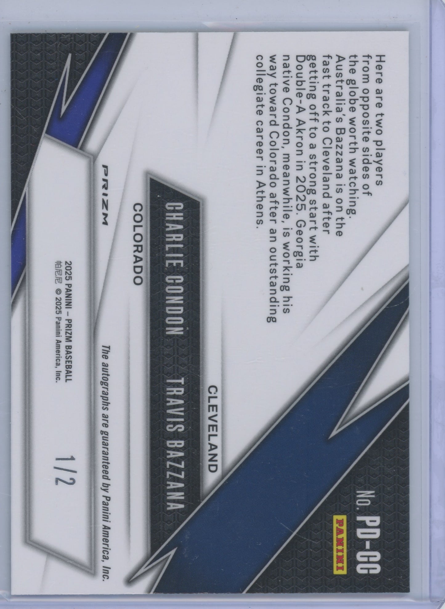 2025 Panini Prizm Charlie Condon Travis Bazzana #PD-CC Prospect Autos 1/2