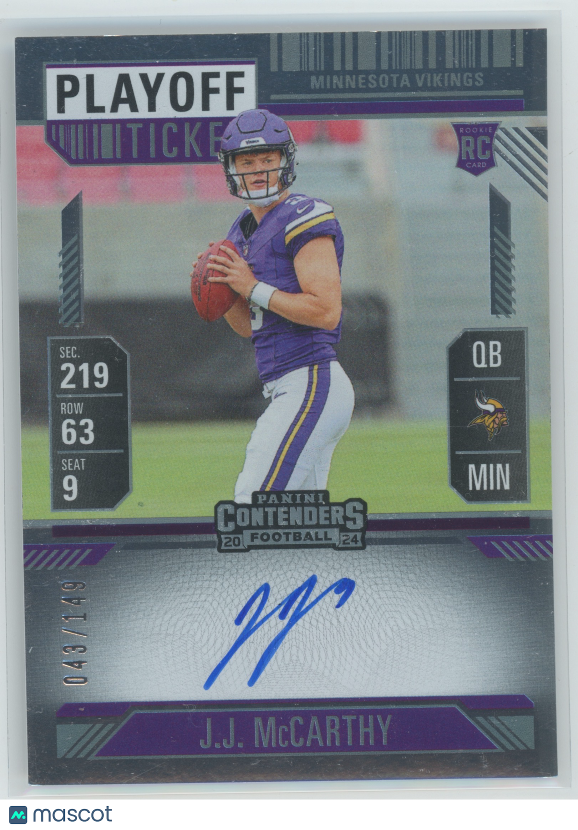 2024 Panini Contenders Football J.J. McCarthy #101 Playoff Ticket RC 043/149