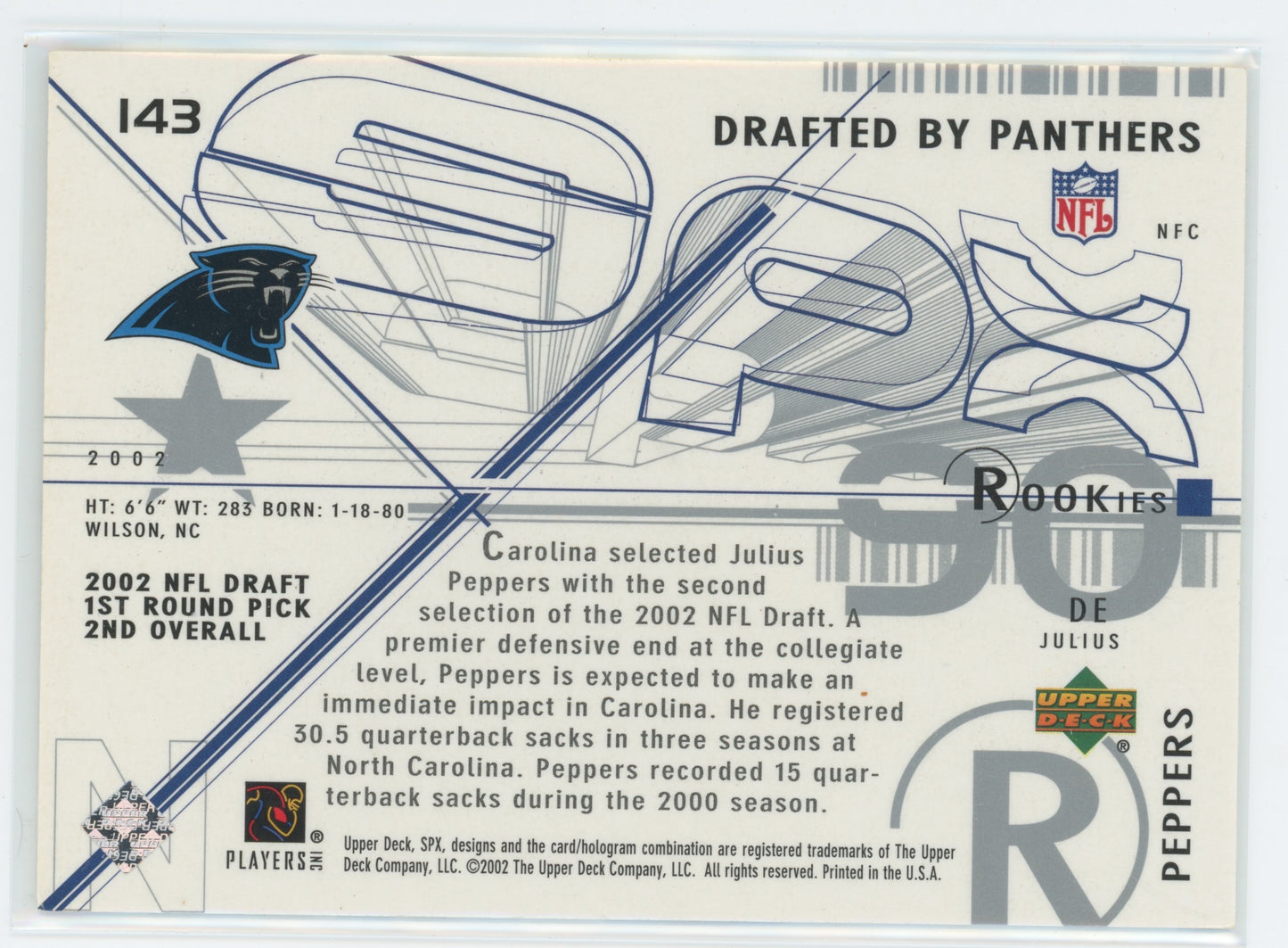 2002 Upper Deck SPx Julius Peppers #143 Rookie 1307/1500