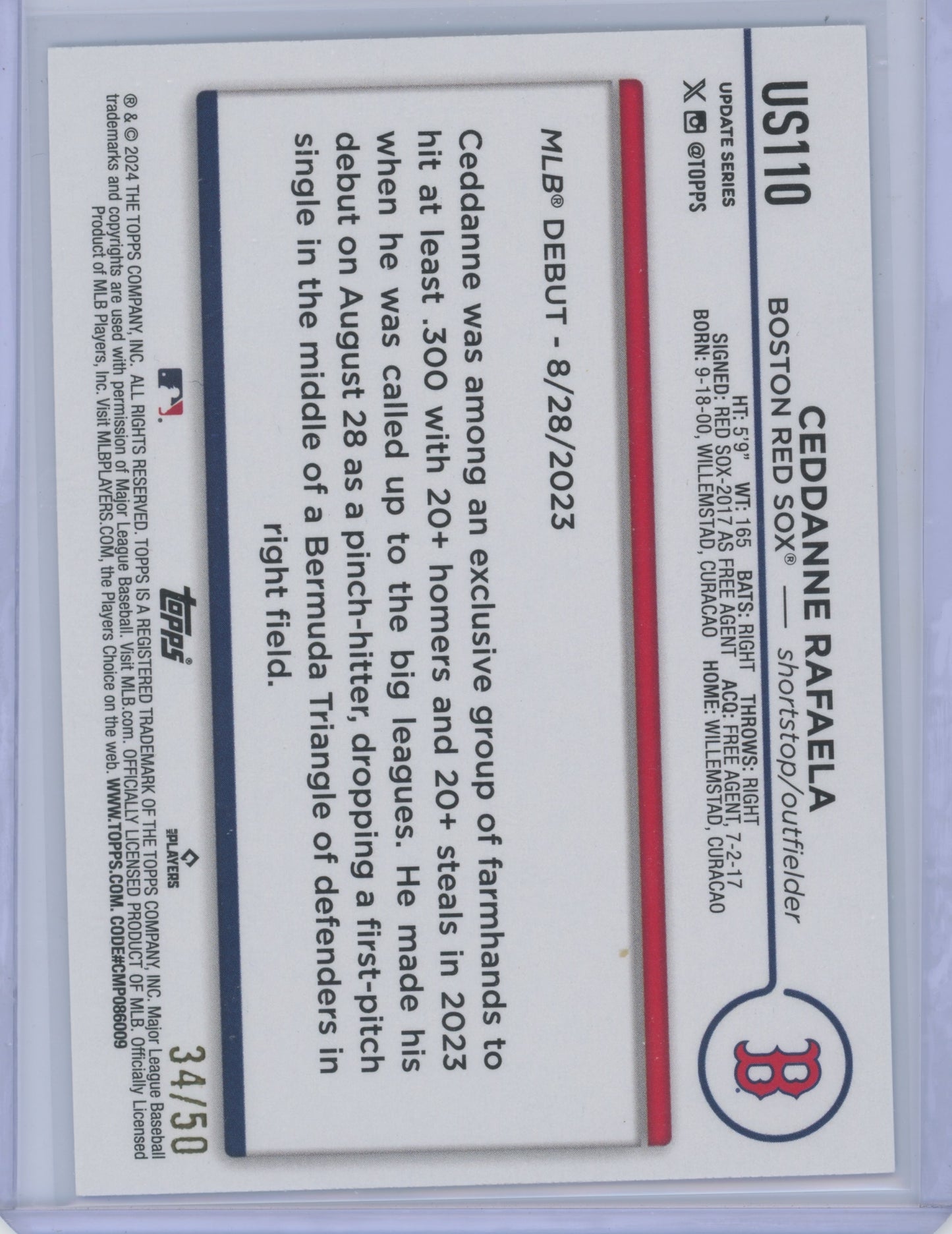 2024 Topps Update Ceddanne Rafaela #US110 Father's Day Powder Blue RC 34/50