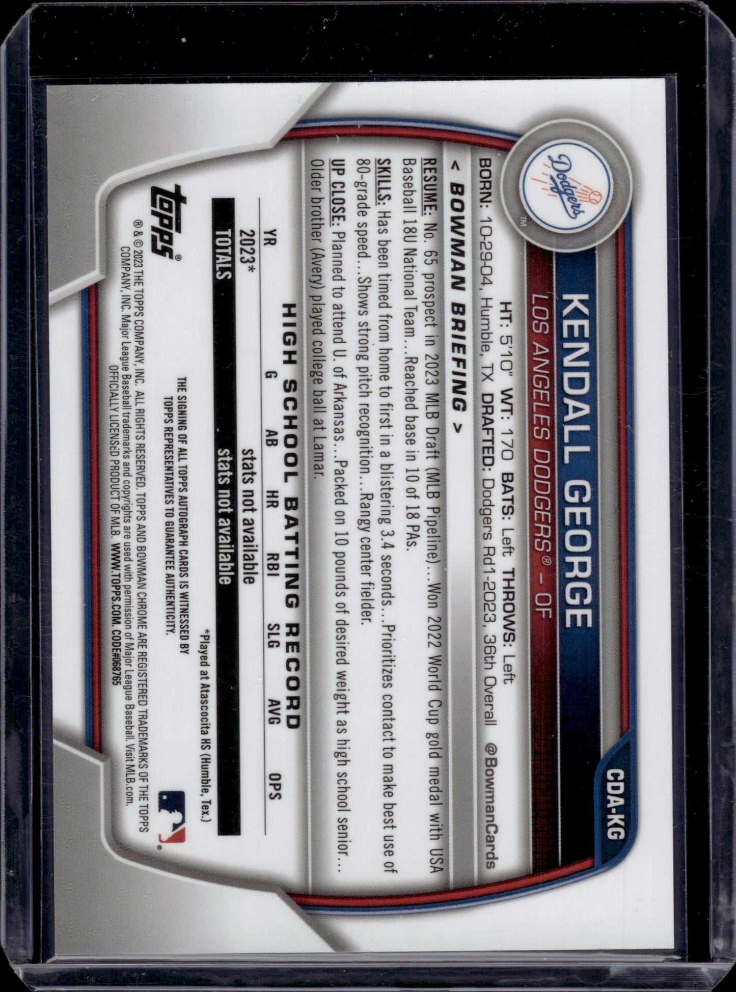 2023 Bowman Chrome Draft Kendall George #CDA-KG Prospect Auto – Gameday ...