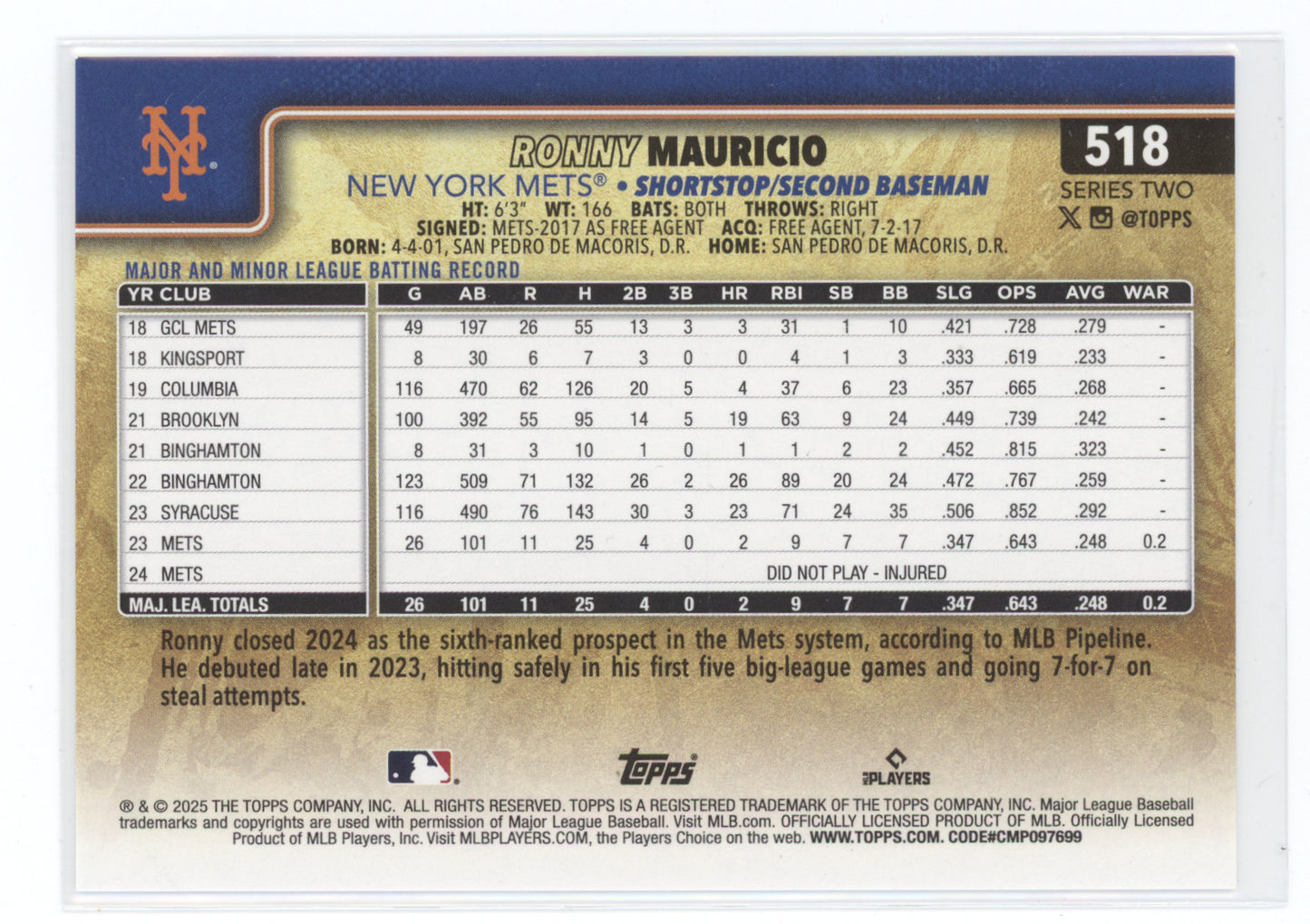 2024 2025 Topps Series 2 Ronny Mauricio #518 Image Variation