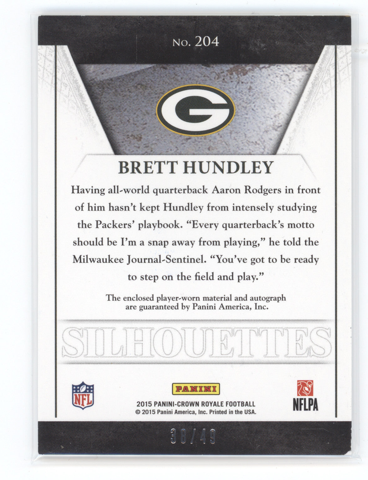 2015 Panini Crown Royale Silhouettes Brett Hundley #204 Patch Auto 38/49