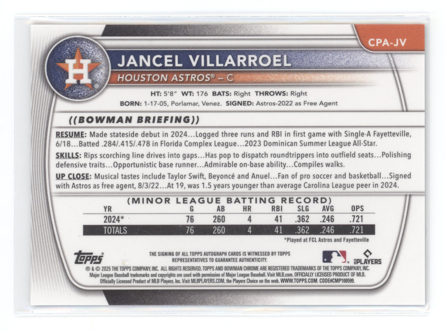 2025 Bowman Chrome Prospect Autographs Jancel Villarroel #CPA-JV Green 17/90