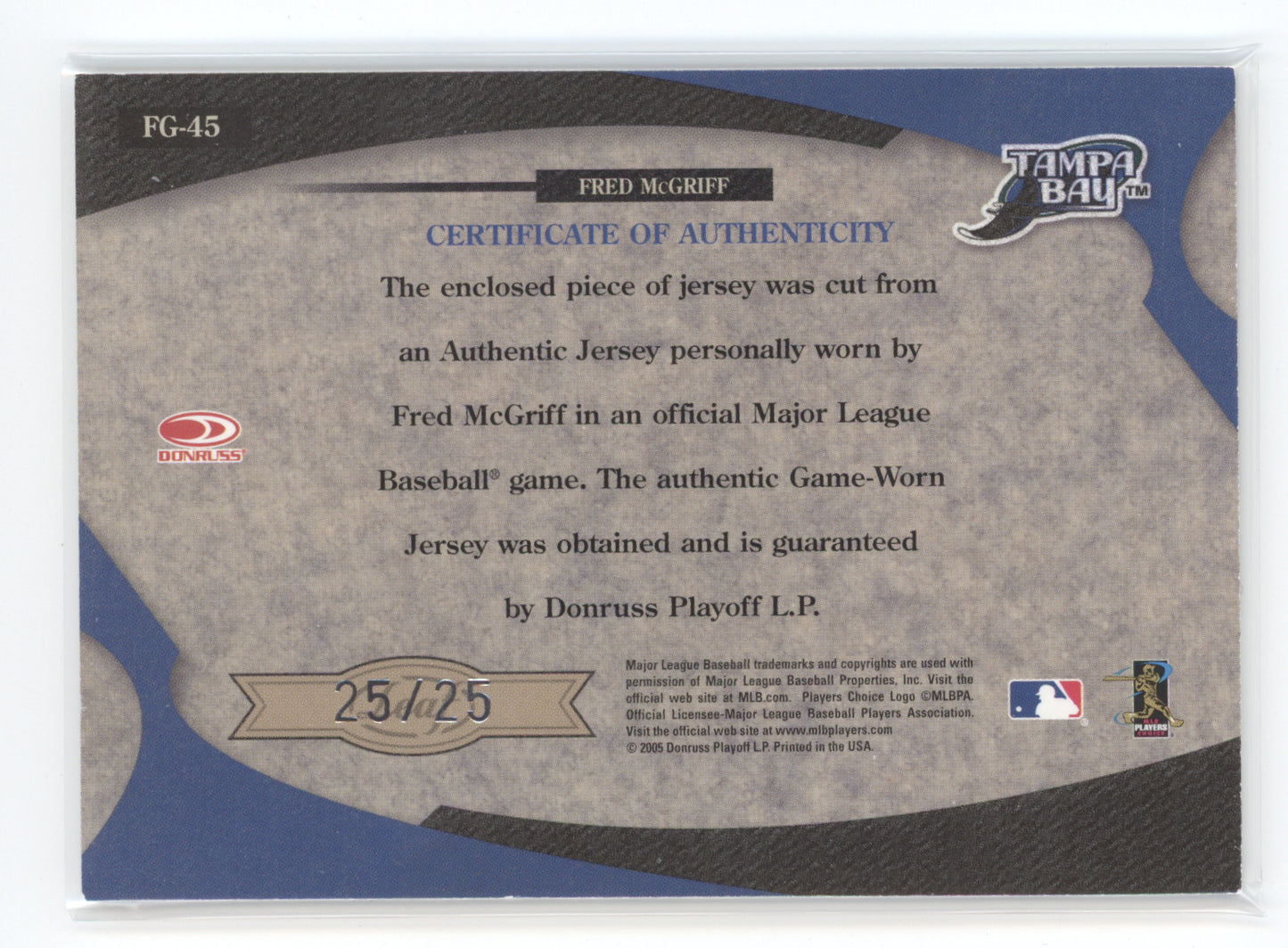 2005 Donruss Fabric of the Game Fred McGriff #FG-45 25/25 Game-worn Jersey