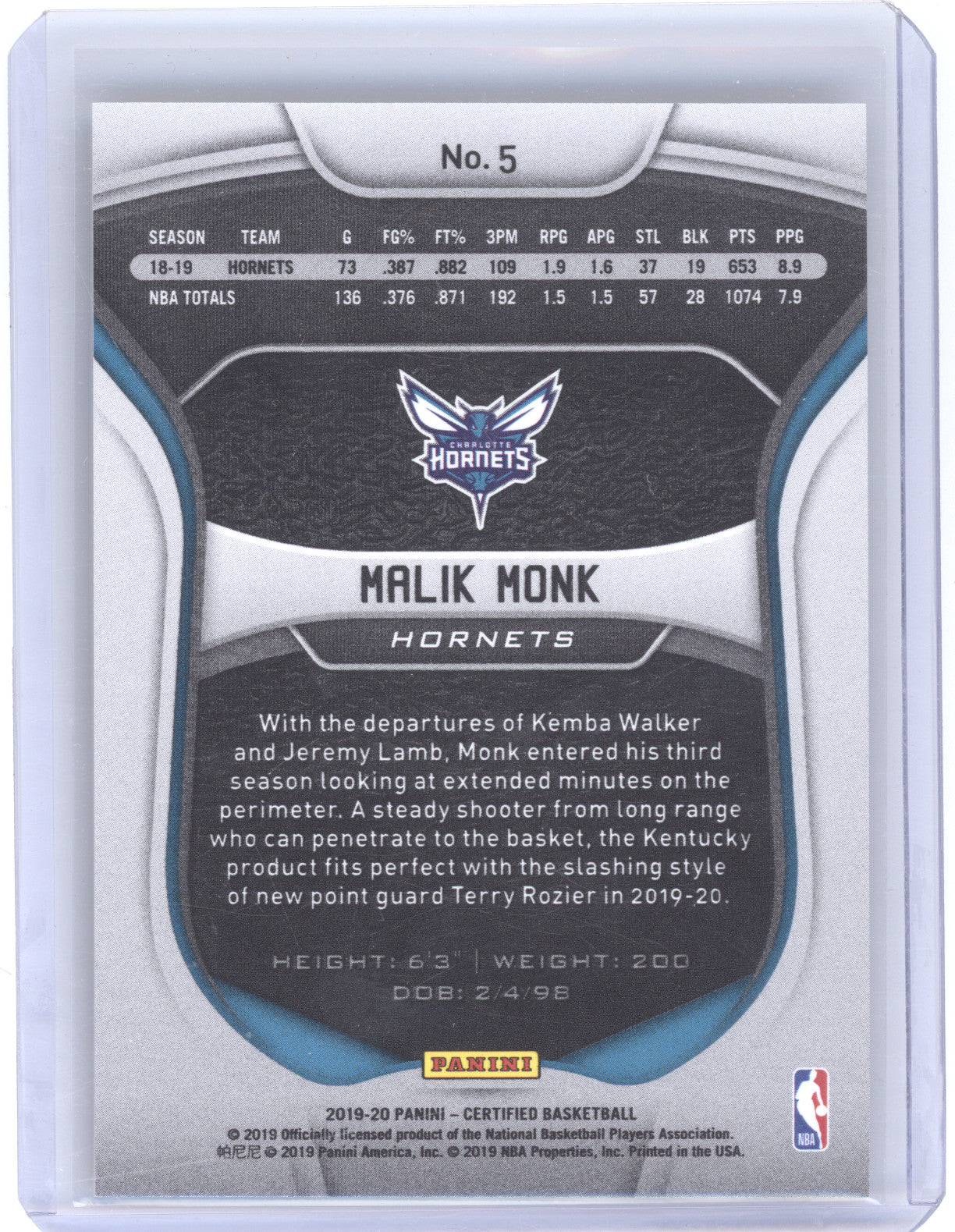 2019 Panini Certified Basketball Malik Monk #5 Gold 02/10