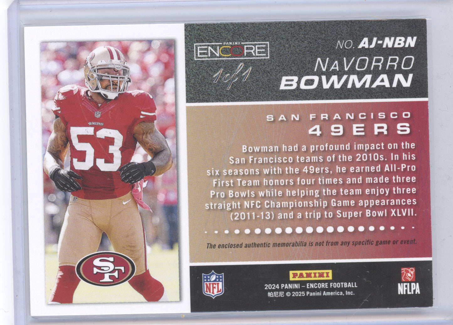 2024 Panini Encore Atomic Jersey NaVorro Bowman #AJ-NBN 1 of 1 Patch/Relic
