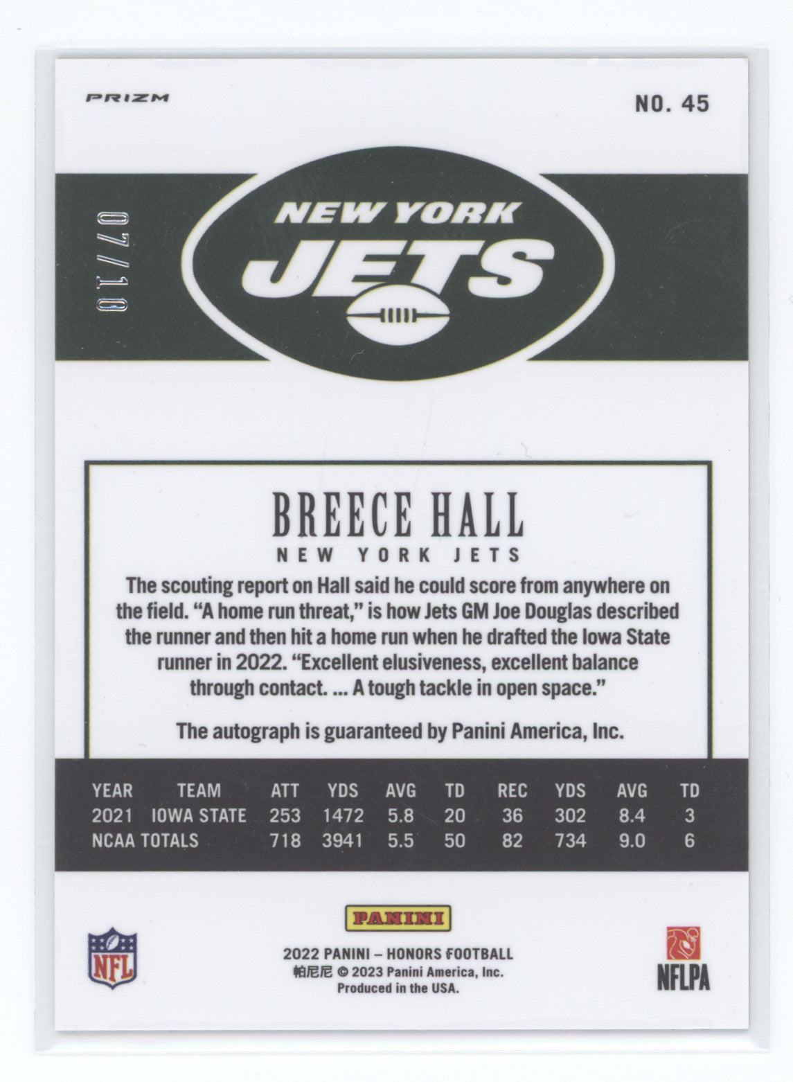 2022 Panini Honors Football Breece Hall #45 Red Autograph 07/10 RC