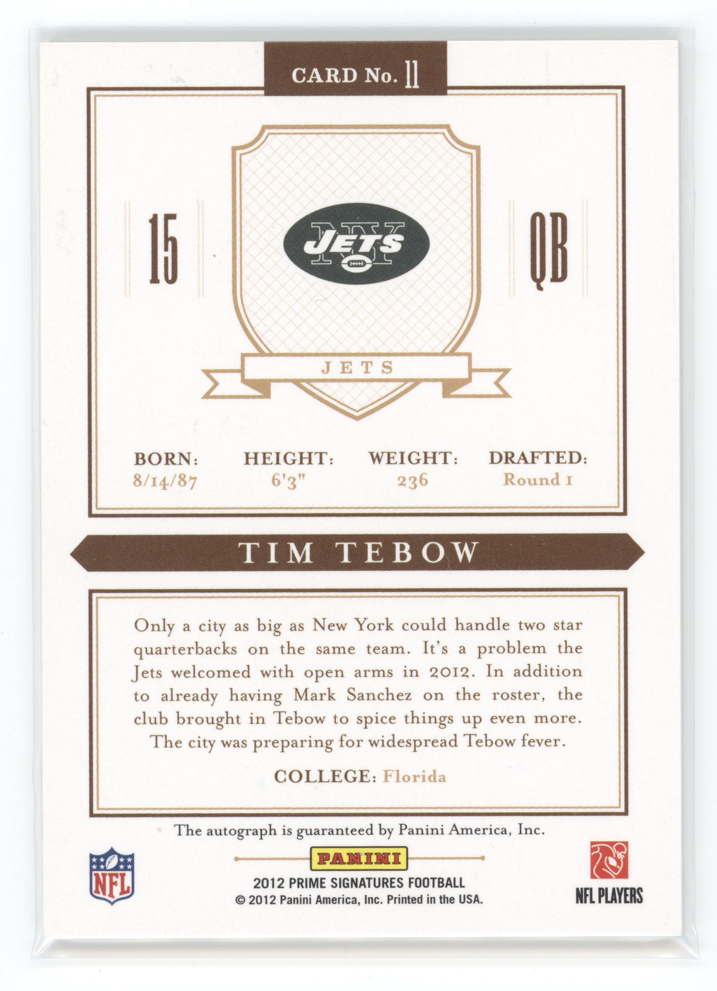 2012 Panini Prime Signatures Tim Tebow #11 19/20