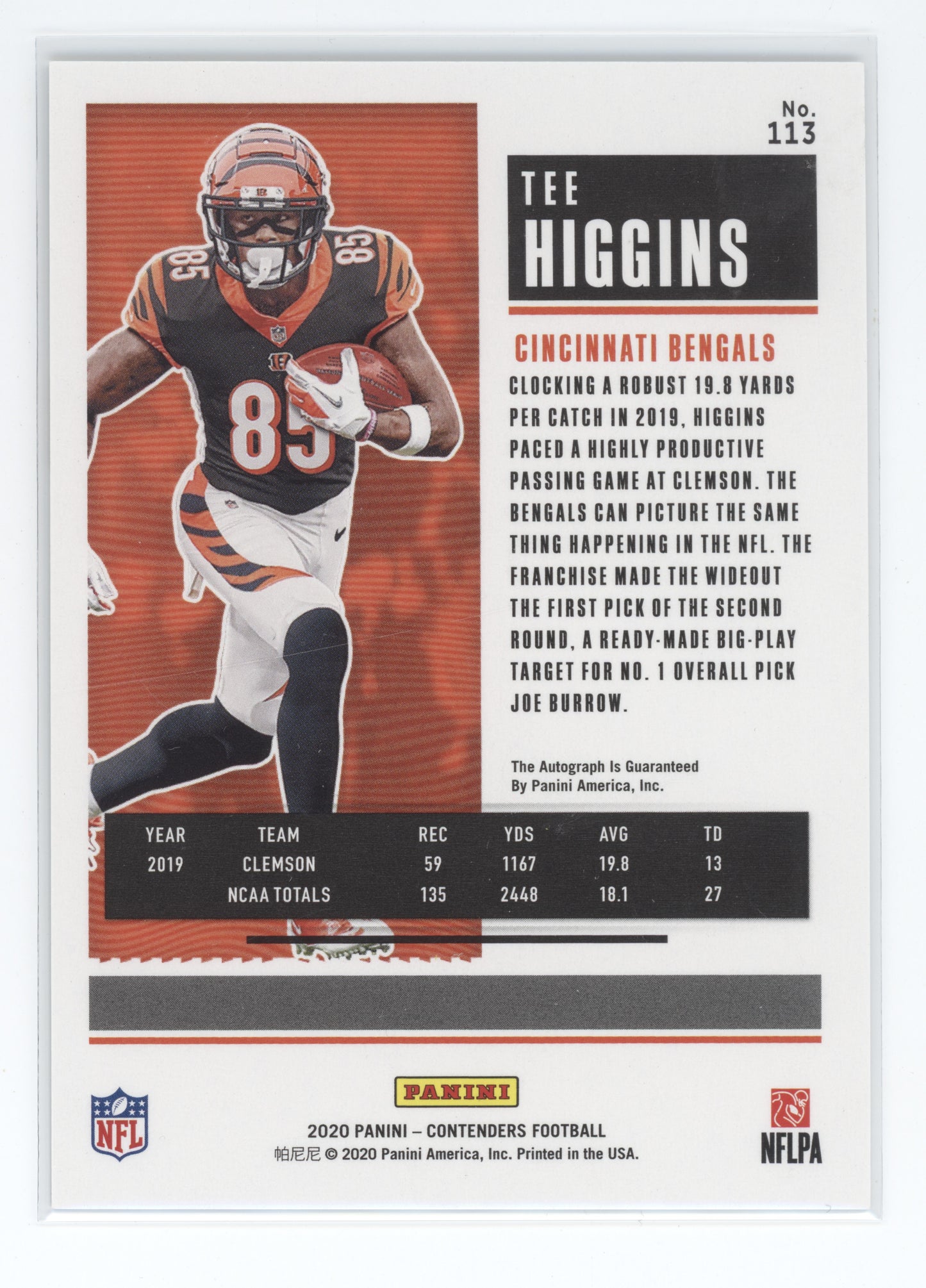2020 Panini Contenders Tee Higgins #113 Championship Ticket Auto RC 43/49