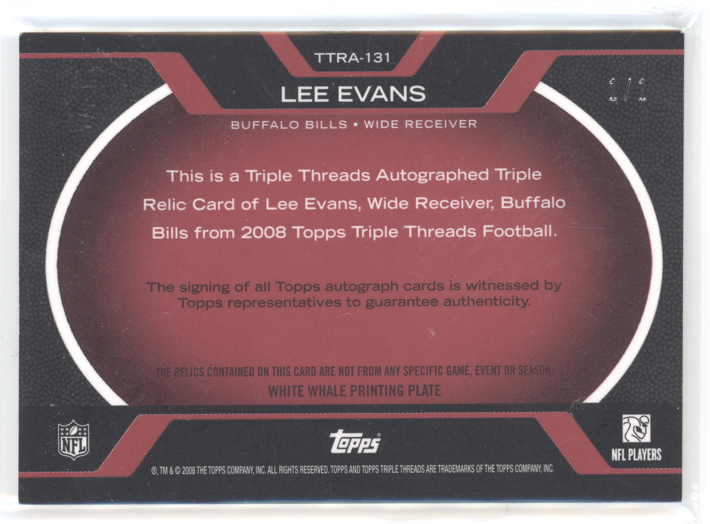 2008 Topps Triple Threads Lee Evans #TTRA131 Auto 1/1 White Whale Printing Plate