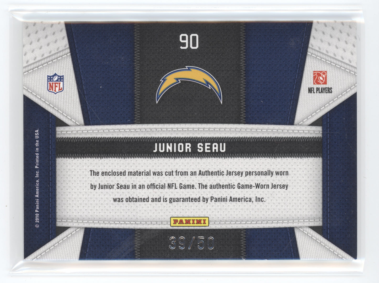 2010 Panini Certified Fabric of the Game Junior Seau #90 Prime 39/50