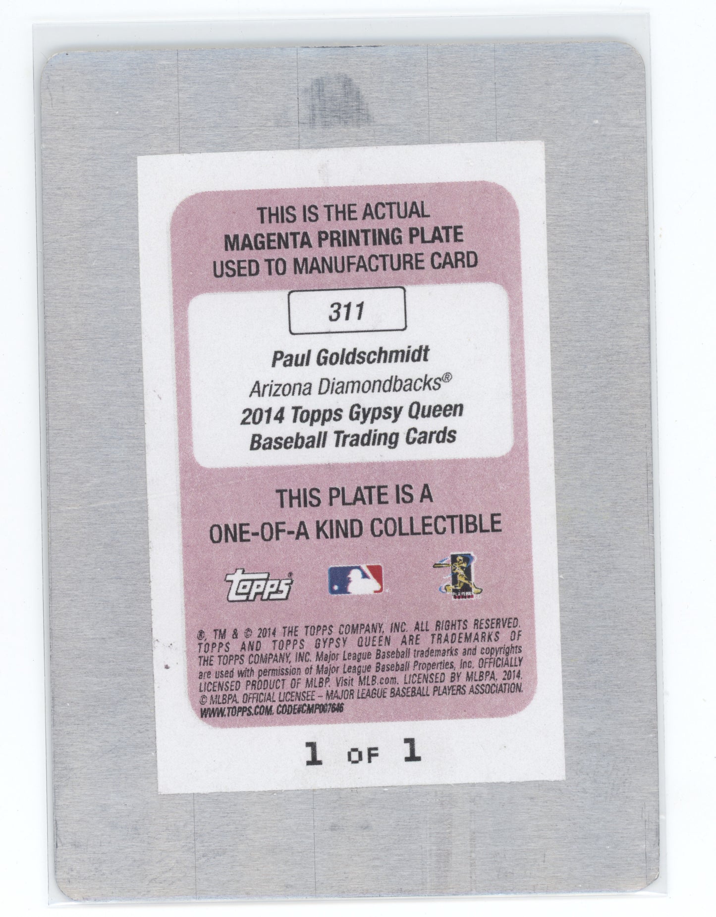 2014 Topps Gypsy Queen Paul Goldschmidt #311 Magenta Printing Plate 1 of 1