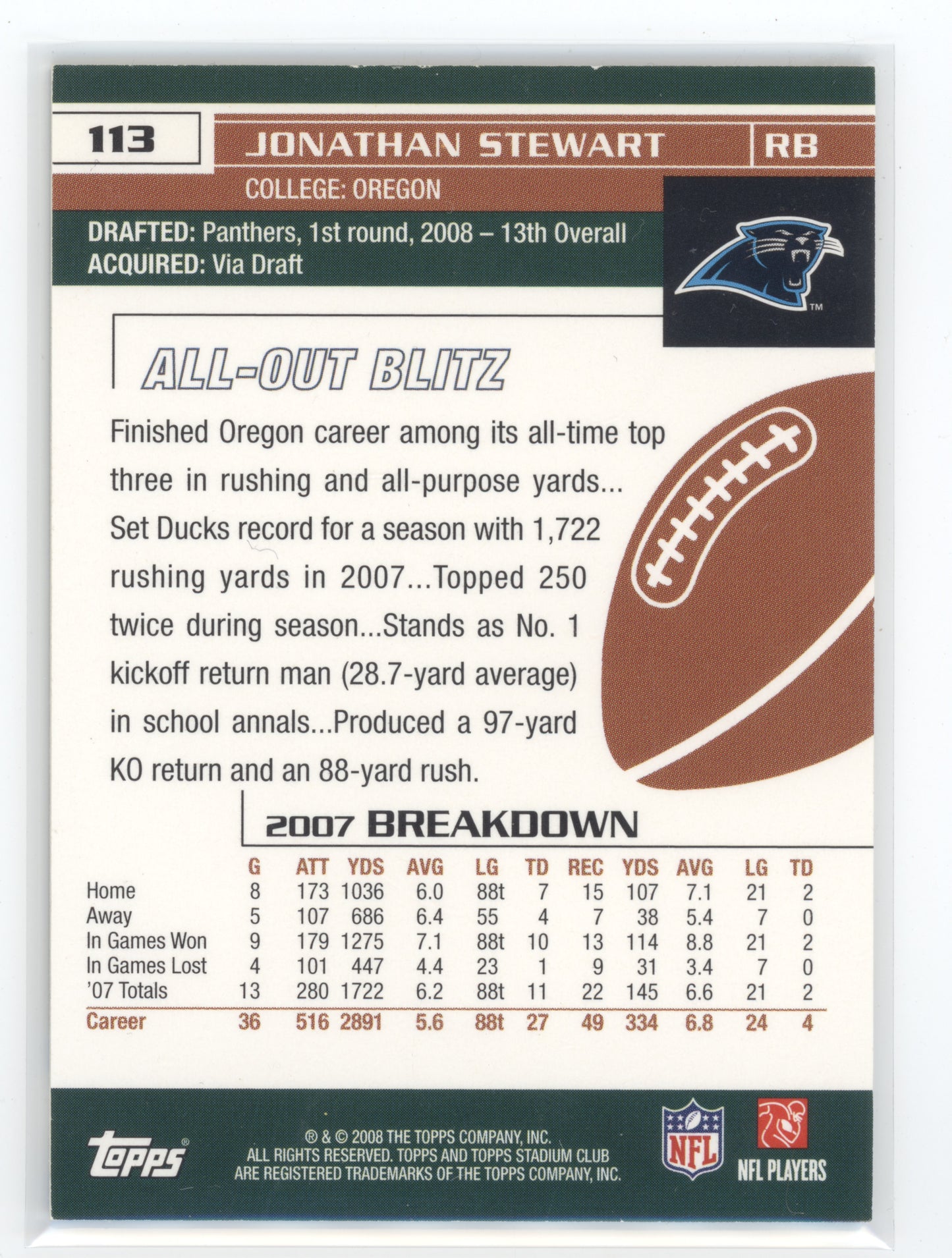 2008 Topps Stadium Club Football Jonathan Stewart #113 Rookie Autograph RC