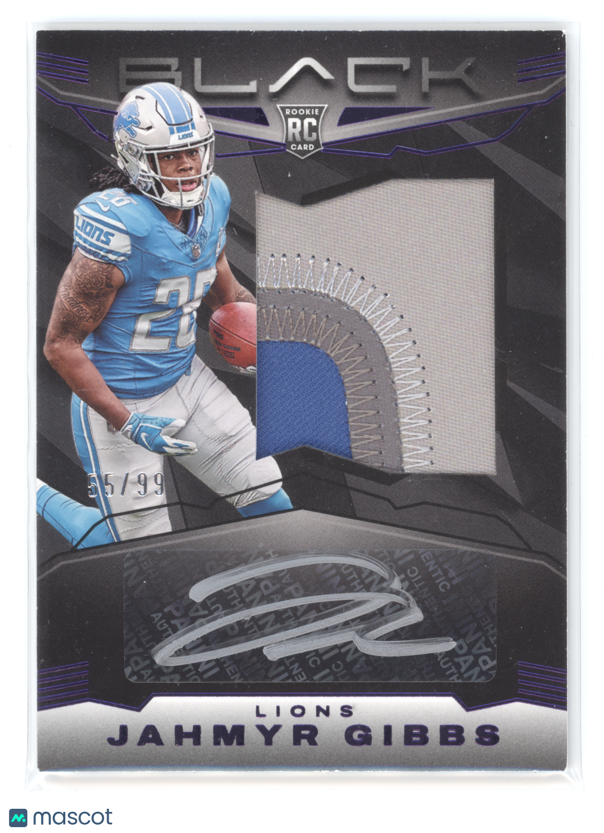 2023 Panini Black Football Jahmyr Gibbs #214 Purple Patch Auto RC 55/99